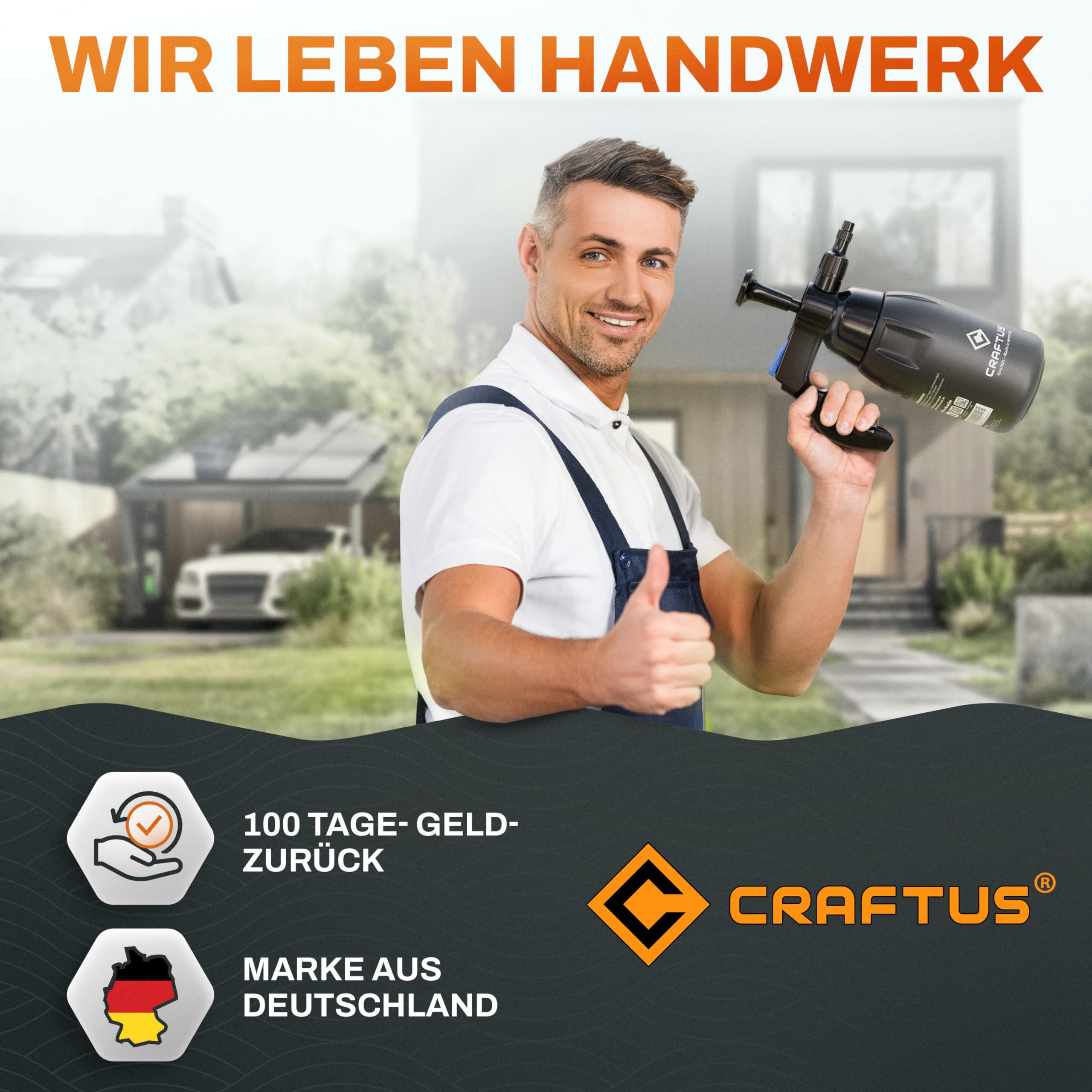 CRAFTUS® Drucksprüher 1L für gleichmäßige Verteilung von Flüssigkeit I Pumpsprühflasche für den Haushalt [EPDM] I Pumpflasche mit Überdruckventil & Verstellbarer Düse