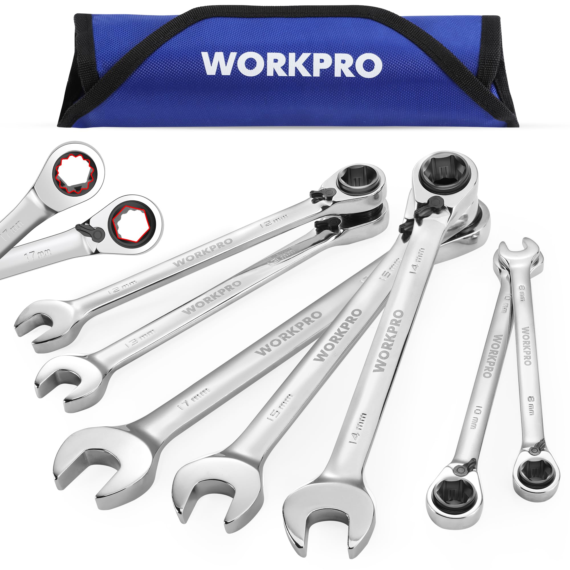 WORKPRO 7-Piece 3-in-1 Reversible Ratchet Wrench Set, Metric 8mm to 17mm, 6PT& 12PT& Open-End Wrenches, 72-Teeth Ratcheting Combination Wrench with Ro
