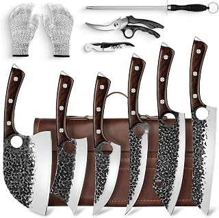 Serbian Chef Knife Set Hand Forged Full Tang High Carbon Steel w/ Ebony Handles, Meat Cleaver Boning Knives & Accessories - Ideal Gift