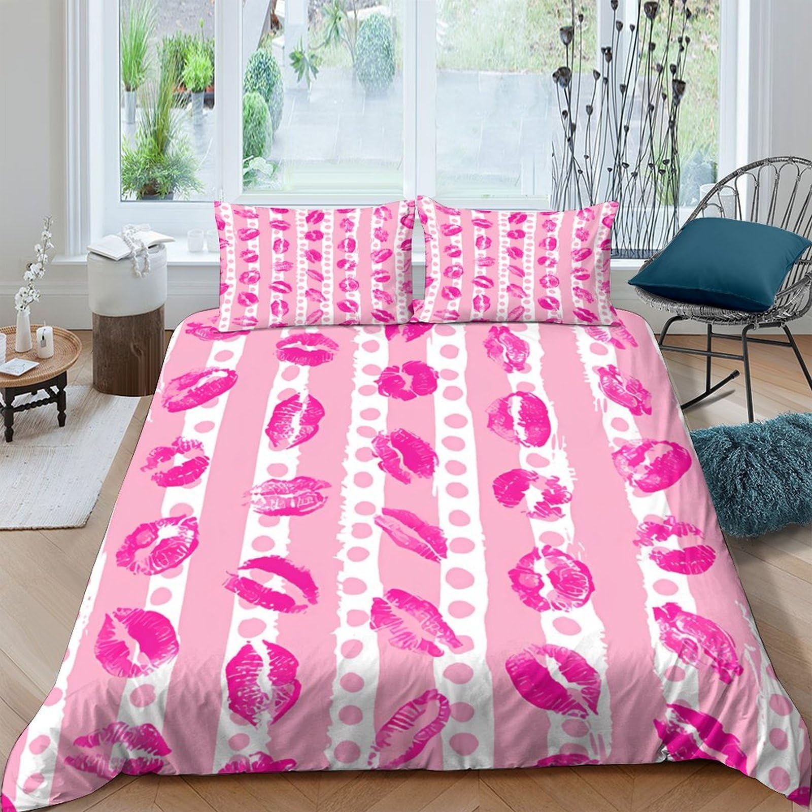 Ctjqhvkz Style-9 3D Printed Pink Lips Fitted Sheet Microfiber Soft Bedroom Decor Kiss Pattern Mattress Cover Adult Youth Single（135X200cm）