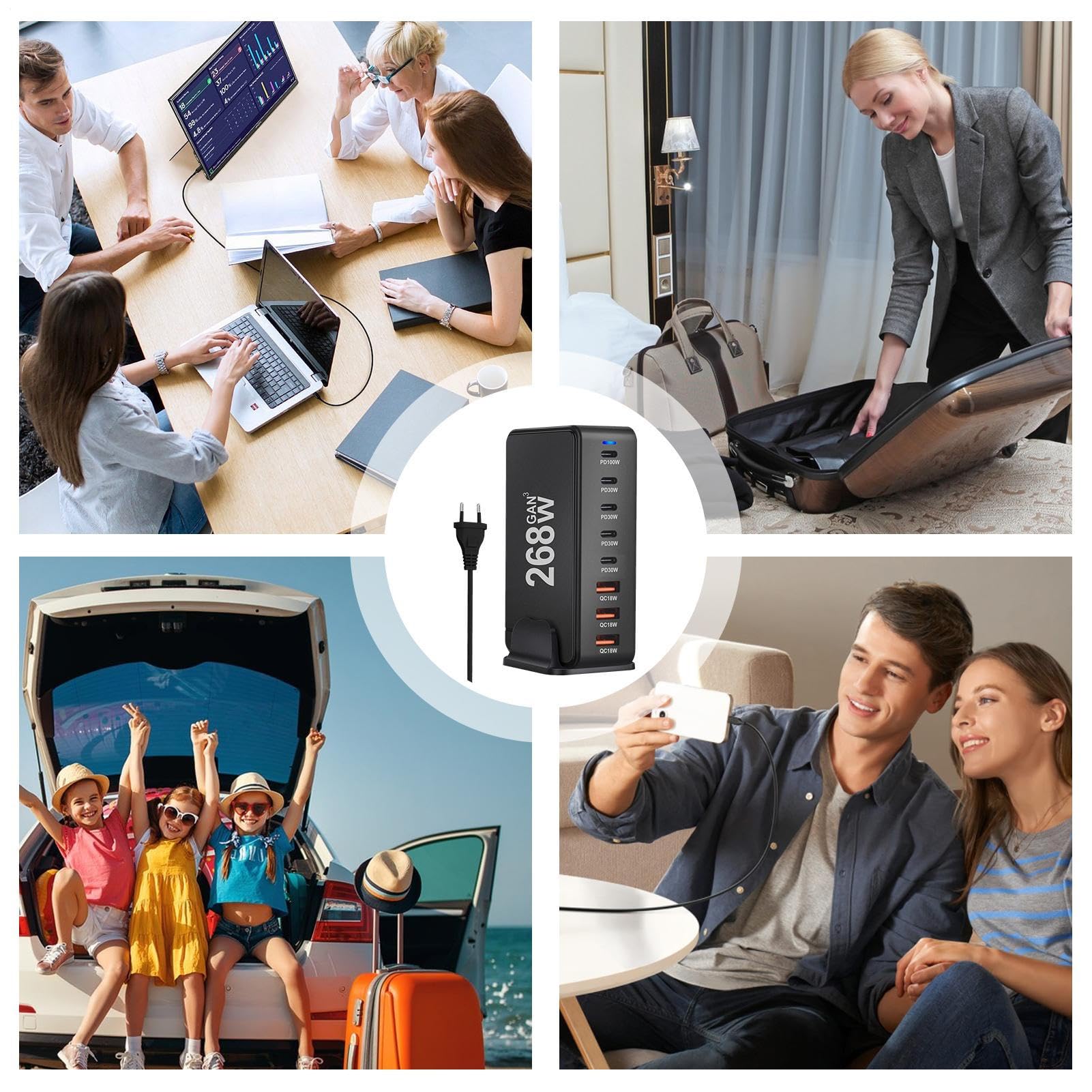 Cargador USB C Estación de Carga Rápida de 8 Puertos | Bloques de Carga Rápida de 268W para Teléfonos Tabletas Portátiles y Dispositivos Electrónicos de Oficina en Casa