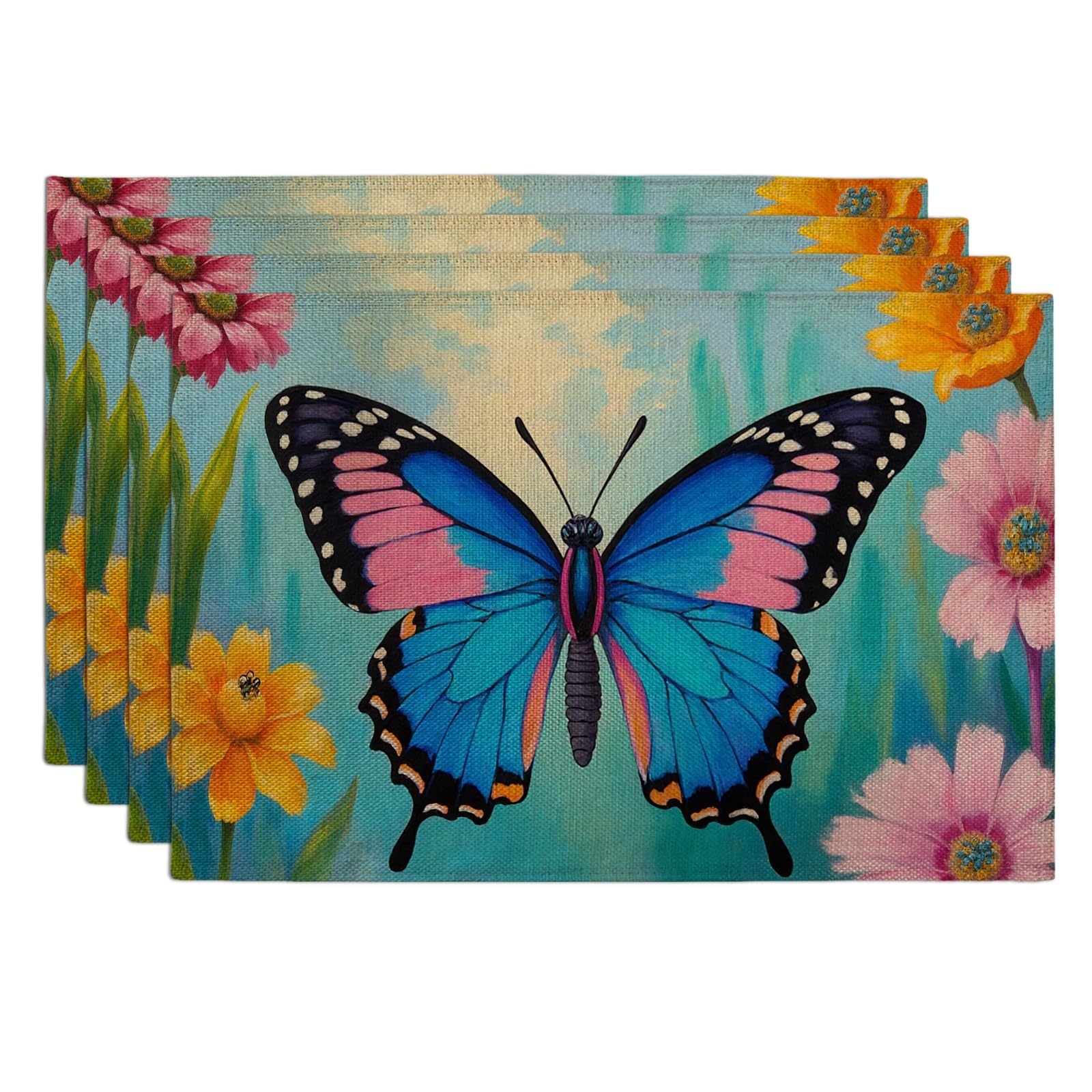 Vibrant Butterfly Placemats, Floral Design Place Mats for Dining Table, Spring Summer Non-Slip Washable Indoor Outdoor Kitchen Party Decorative Placemat Set of 4