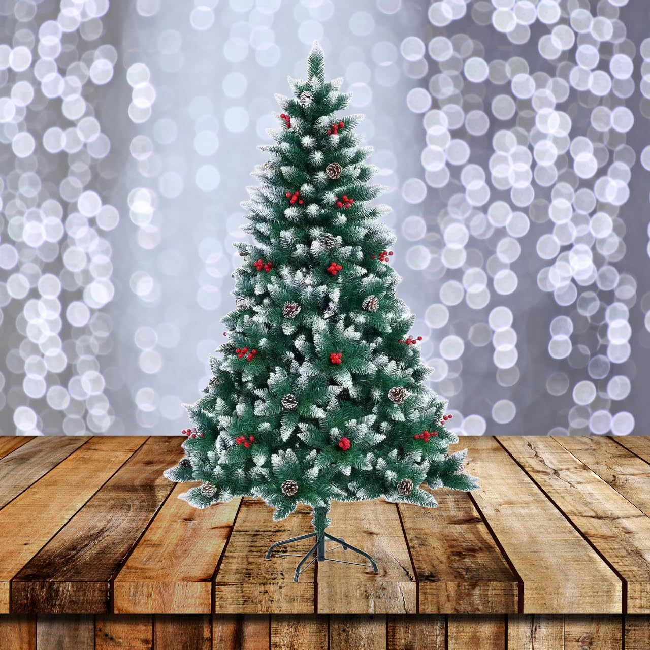 SHATCHI Sapin de Noël Artificiel floqué de 1,2 m/1,5 m/1,8 m avec Pointes de Crayon - Branches de Sapin Balmoral enneigées, Baies et Pommes de pin - Support en métal - Centre de Table de Noël de Luxe