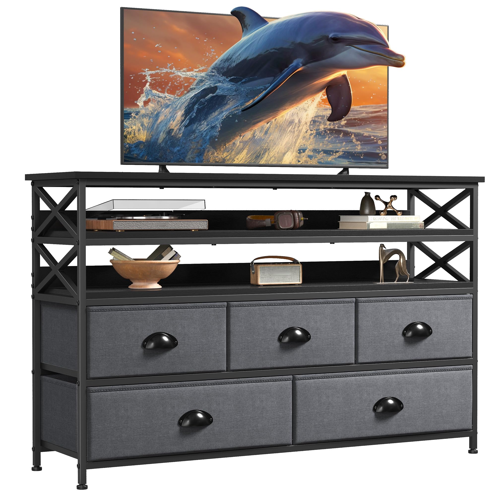 Dresser TV Stand for 50" TV, Sturdy Dresser for Bedroom with 5 Fabric Drawers and 3 Wood Open Shelves, Chest of Drawers Storage Dressers for Entryway, Closet, Grey, 11.8" D x 39.4" W x 38.4" H