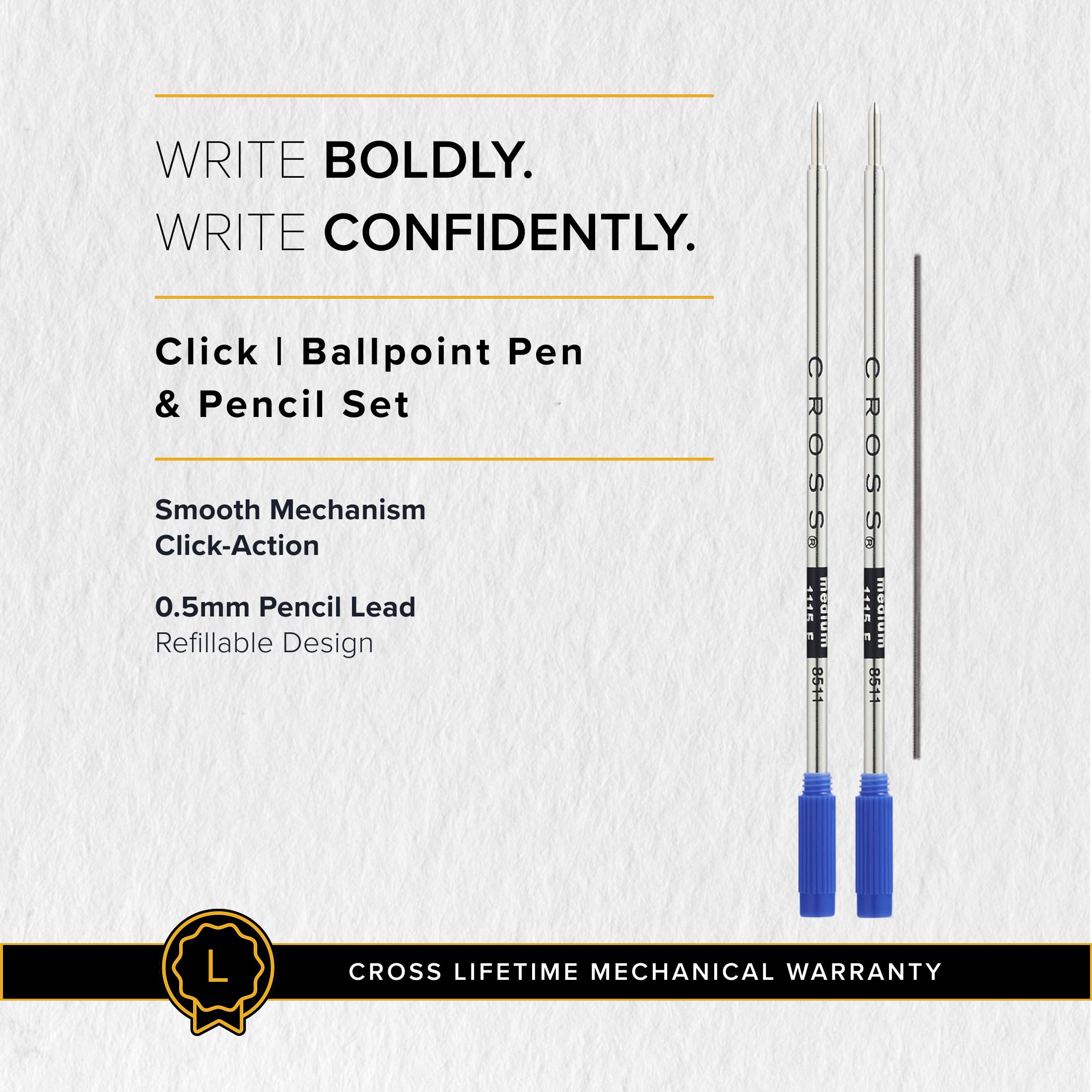 CROSS Click Classic - Penna a sfera ricaricabile nera e portamine da 0,5 mm, in confezione regalo premium