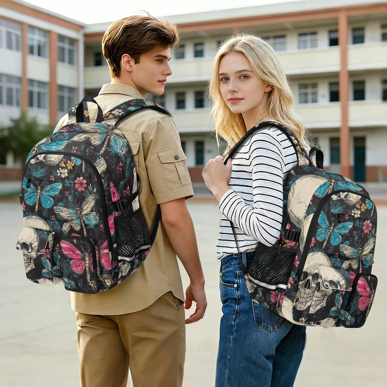 Mochila de viaje grande para mujer, calaveras, flores retro, mariposa, trabajo, universidad, escuela, mochila de 17.5 pulgadas con compartimento para laptop, bolsa ligera casual