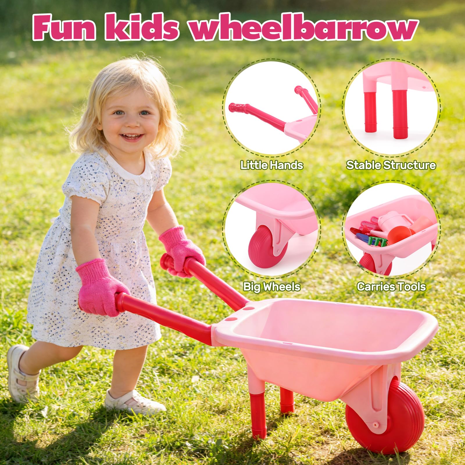 CUTE STONE Set di attrezzi da giardino per bambini, carriola rosa, giocattolo da giardino, con annaffiatoio, guanti, rastrello, pala, cazzuola, set da gioco per bambini dai 3 anni in su (rosa)