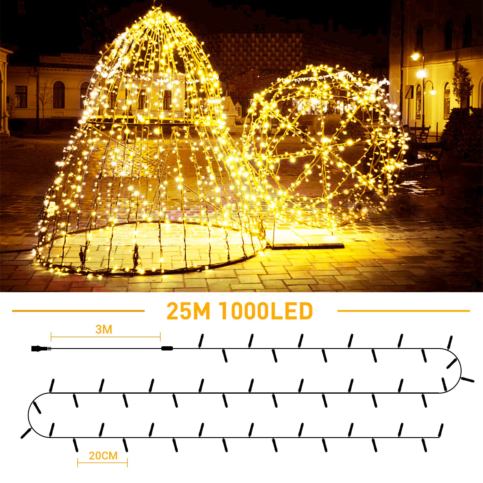 ELKTRY Luci Natale Esterno, 1000LEDs 25M Luci per Albero di Natale, Catena Luminosa Esterno Impermeabile con 8Modalità, Stringa Luci Natalizie per Albero/Natale/Giardino/Interno/Festa, Bianco Caldo