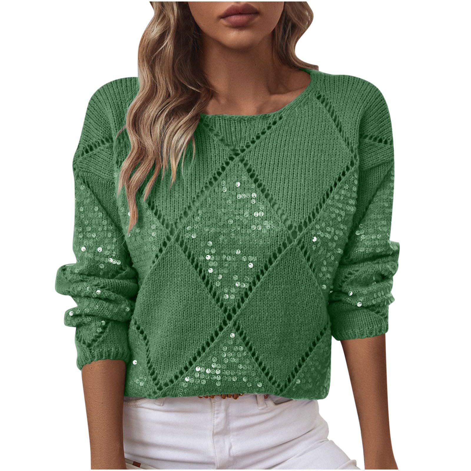 Women Sequin Sweater Hollow Out Sparkly Knit Pullover Fall Fashion Casual Lightweight Sparkle Glitter Knitted Tops