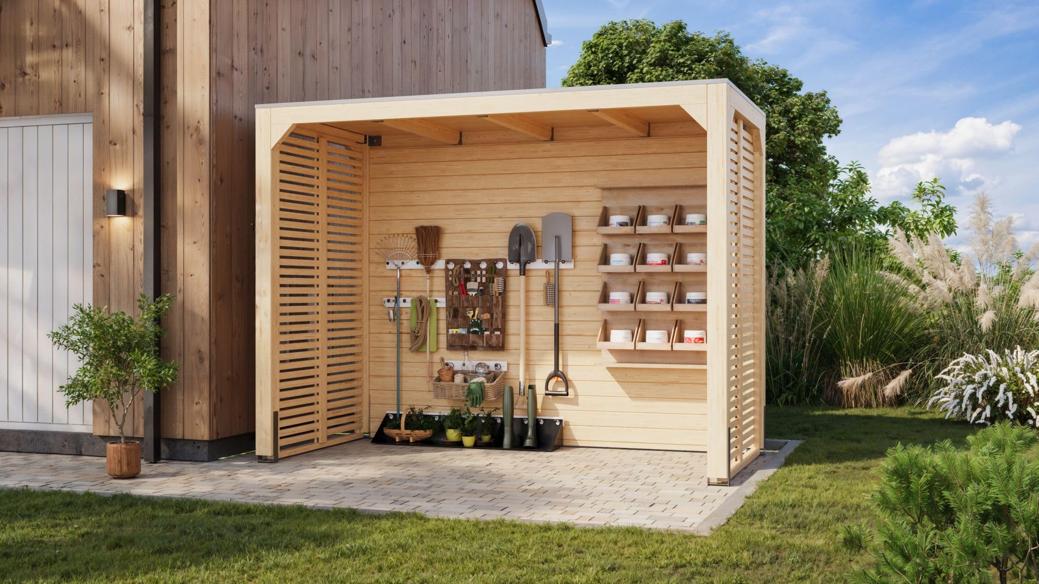 CHILLROI® Karibu moderner Gartenpavillon mit Flachdach, Selbstklebender Dachfolie, wetterfest und stabil, für Garten, Terrasse und Outdoor-Bereich (Pavillon mit Rückwand + 2 Seitenwänden)