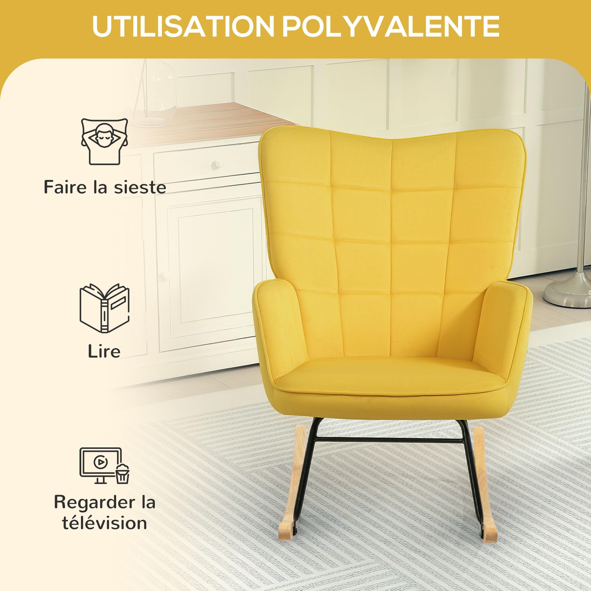 HOMCOM Fauteuil à Bascule Rocking Chair Velours Acier Pieds Bois Massif Jaune