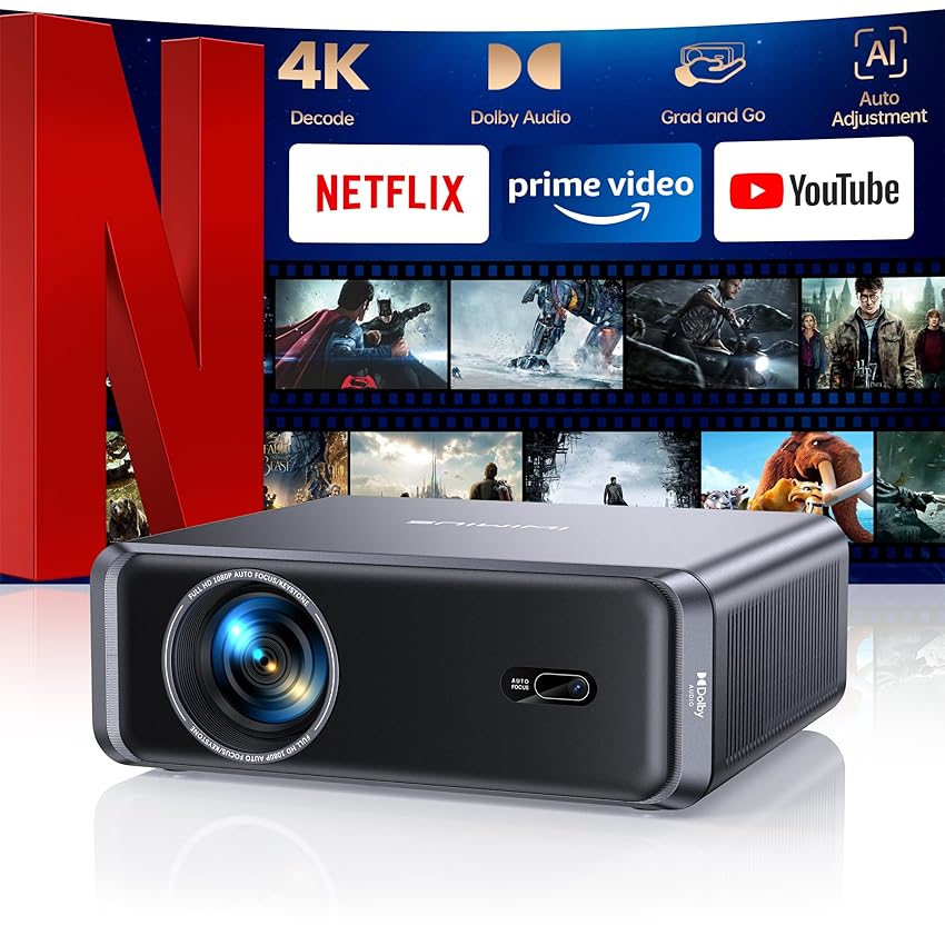 Proiettore 4K【Netflix Ufficiale & Dolby】1000ANSI Auto Focus/Keystone, Smart Proiettore Portatile con WiFi6 Bluetooth, Videoproiettore Full HD 1080P Videoproiettore da esterno/Home Cinema/HDMI ARC/CEC