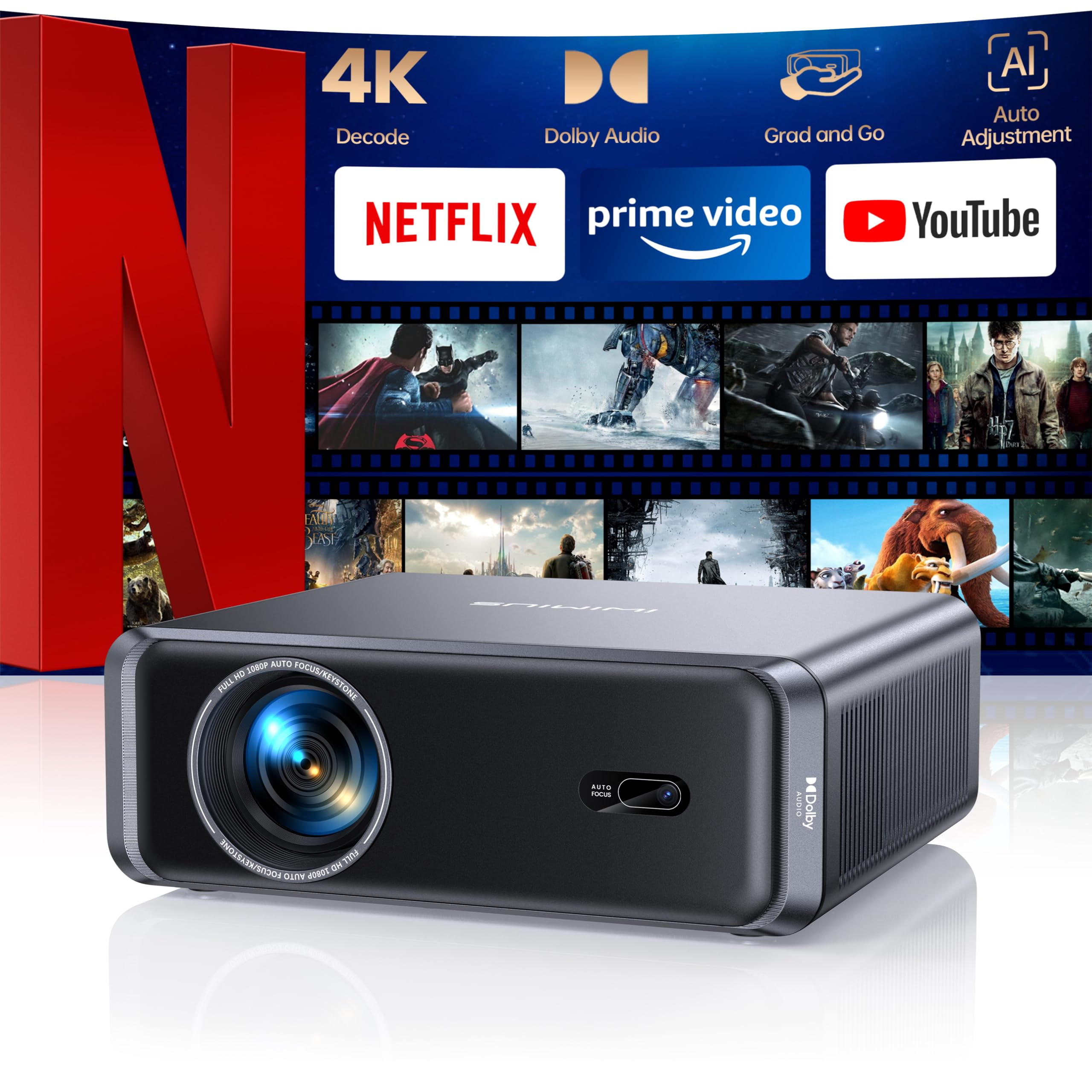 Proiettore 4K【Netflix Ufficiale & Dolby】1000ANSI Auto Focus/Keystone, Smart Proiettore Portatile con WiFi6 Bluetooth, Videoproiettore Full HD 1080P Videoproiettore da esterno/Home Cinema/HDMI ARC/CEC