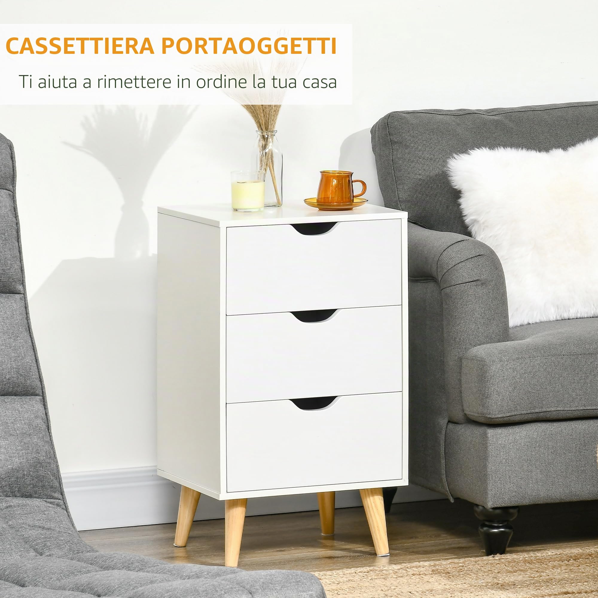 HOMCOM Comodino Comodino con 3 cassetti Gambe in legno di pino Bianco | Tavolino laterale, per camera da letto soggiorno