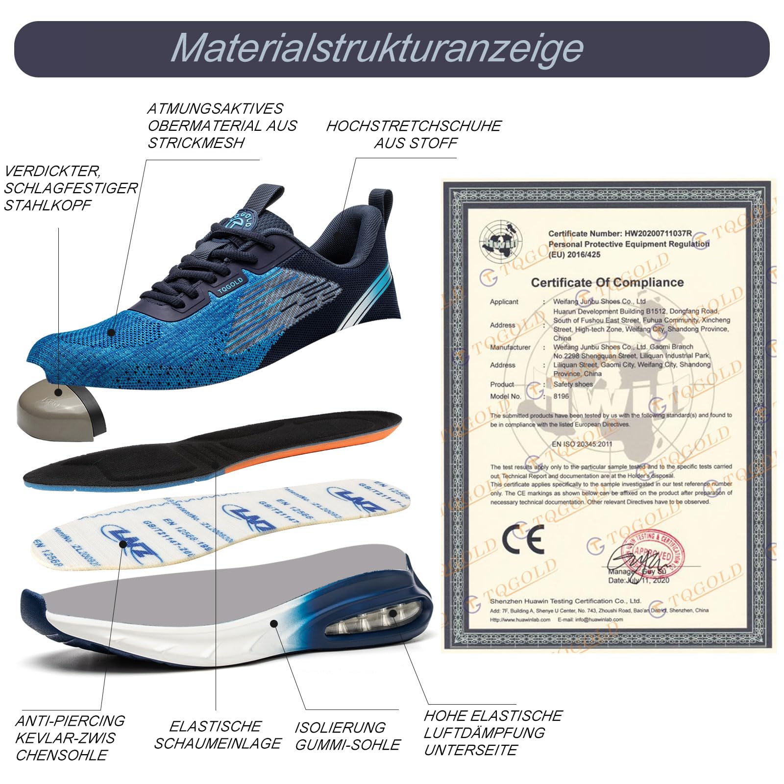 TQGOLD Obuwie ochronne Mężczyźni Kobiety Buty ochronne Amortyzacja Ochrona Stalowy nosek Buty robocze, Niebieski, 47 EU