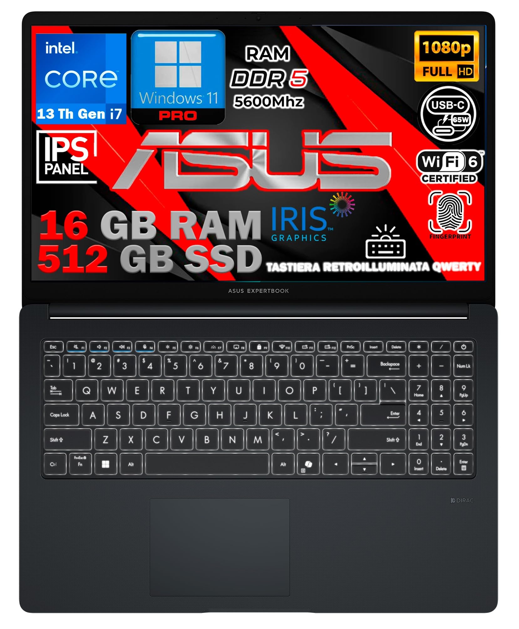 ASUS Notebook ExpertBook 15,6" Intel Core i7 13ª Gen 10-Core fino a 5GHz, 16GB RAM DDR5, 512 GB SSD, Win11 Pro, WiFi6E, Thunderbolt, HDMI, Tastiera Retroilluminata, QWERTY, Fingerprint