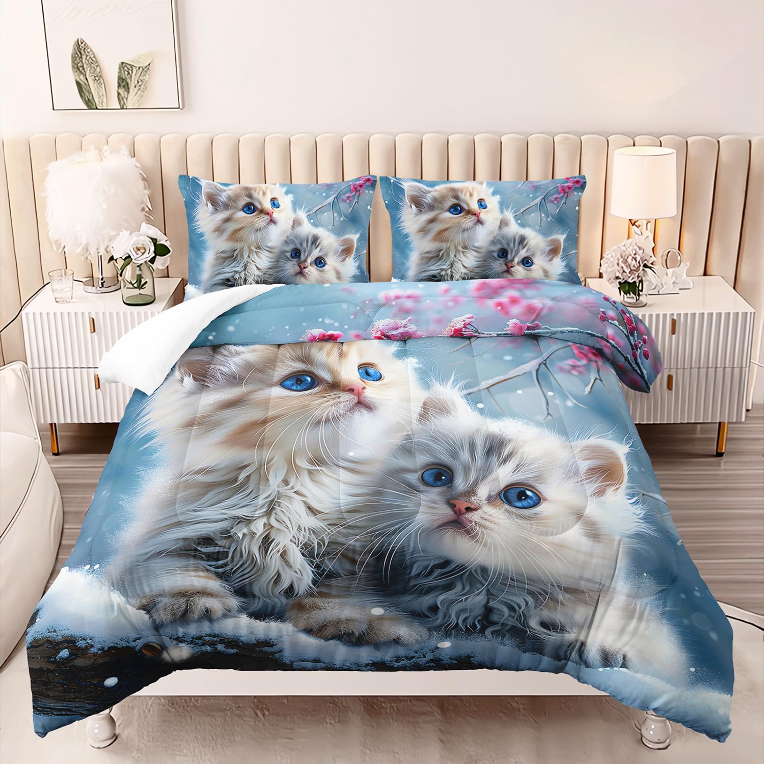 AILONEN 3D Kawaii Cat Comforter Set for Bedroom Decor Queen Size, Kawaii Animal Cat Duvet Set,Snow Plum Blossom Bedding Set for Kids Girls,1 Quilt 2 Pillowcases,3-Piece