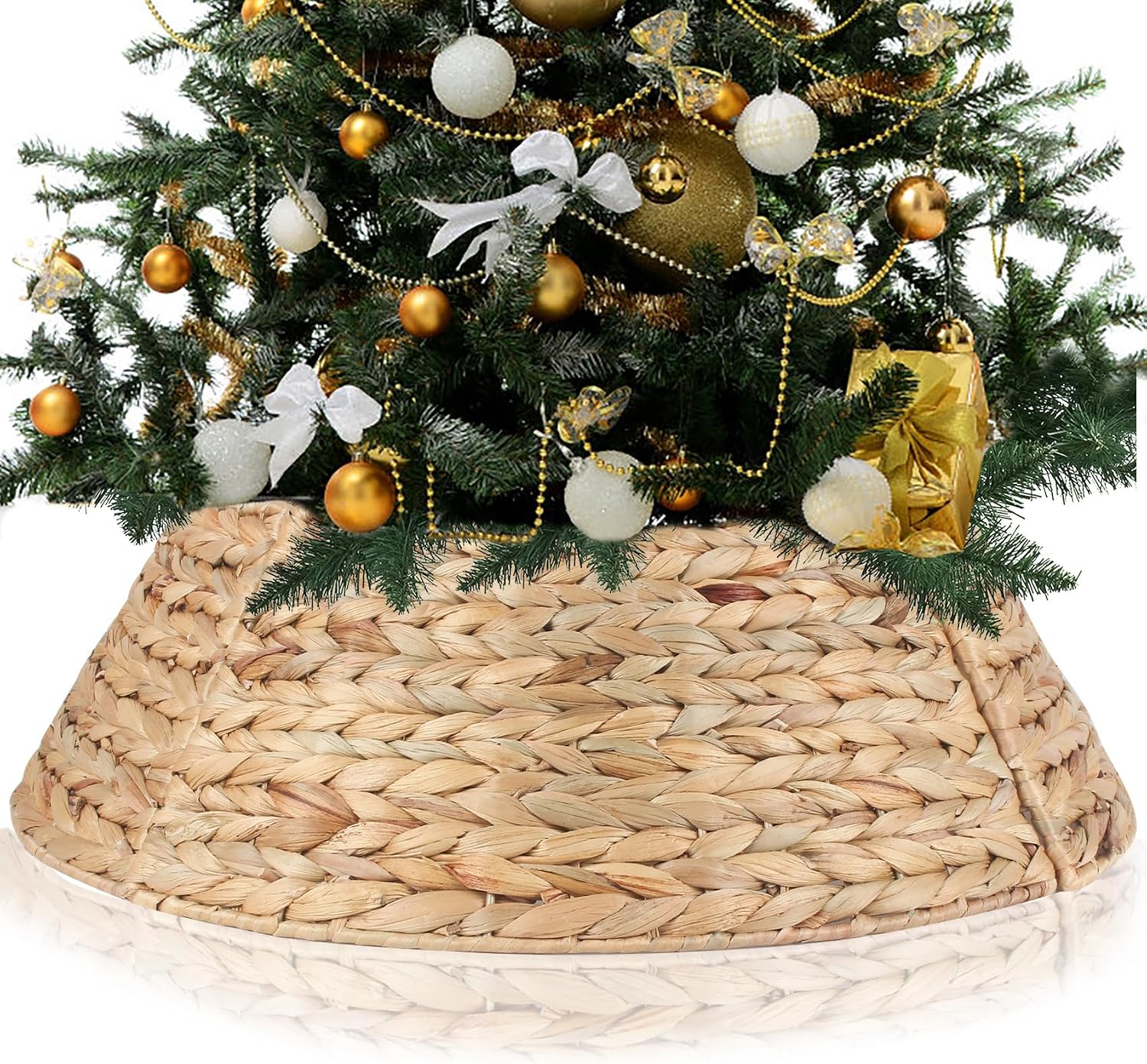 Christmas Tree Collar 24'' D Handmade Hyacinth Tree Collar Basket Rattan Wicker Christmas Woven Tree Ring Stand Base Cover for Christmas Holiday Decoration-White Washed