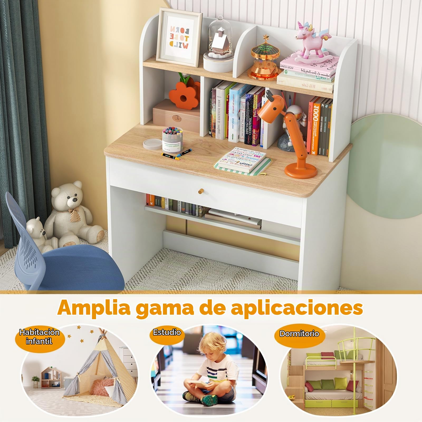 LIFEZEAL Escritorio Infantil, Mesa de Estudio para niños, Escritorio ergonómico con estantes Abiertos y cajón, estación de Trabajo con estantería de Almacenamiento para Estudiantes, Blanco