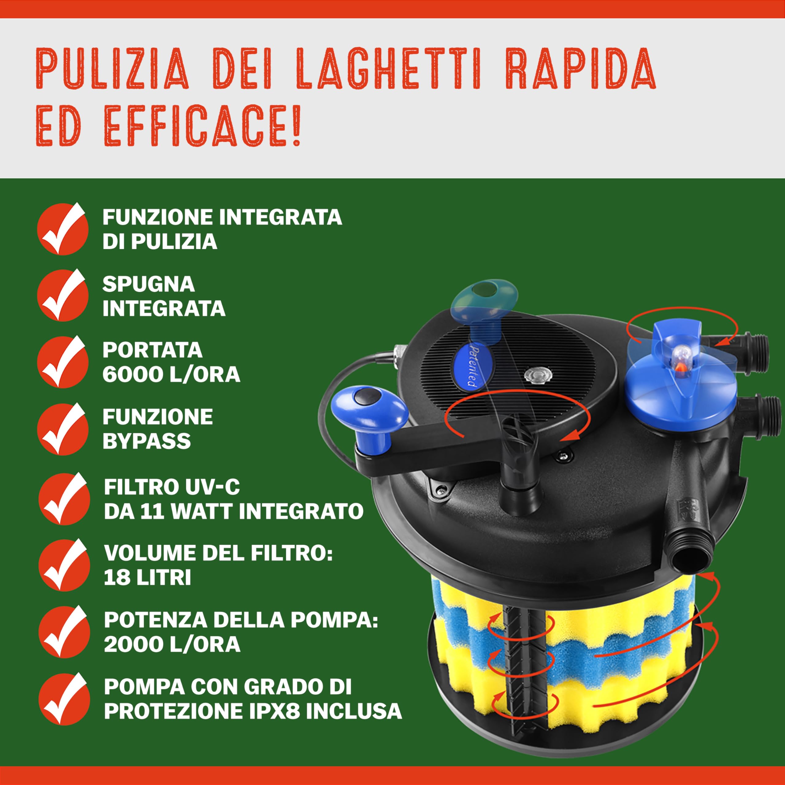 Gardebruk Filtro a Pressione per Laghetto con UVC 16L 6000 L/H 11 Watt Set Completo Pompa Potente