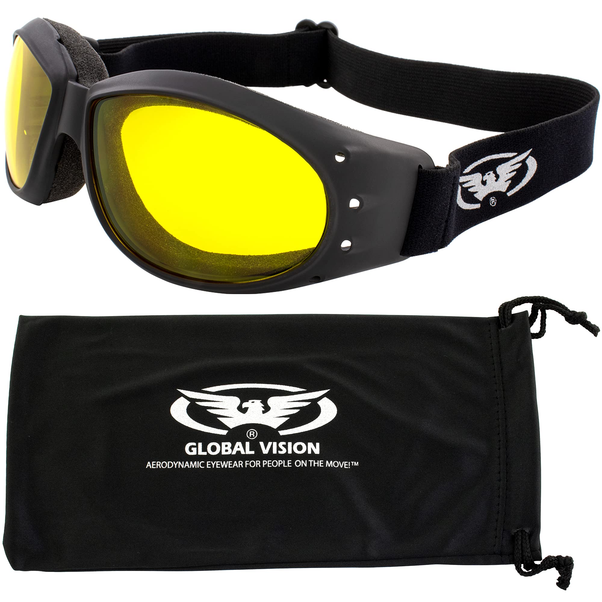 Global VisionEliminator DX Padded Motorcycle Riding Goggles Shatterproof Polycarbonate Lens UV400 Scratch-Resistant Double-Sided Anti Fog Black Frames Yellow Tint Lenses