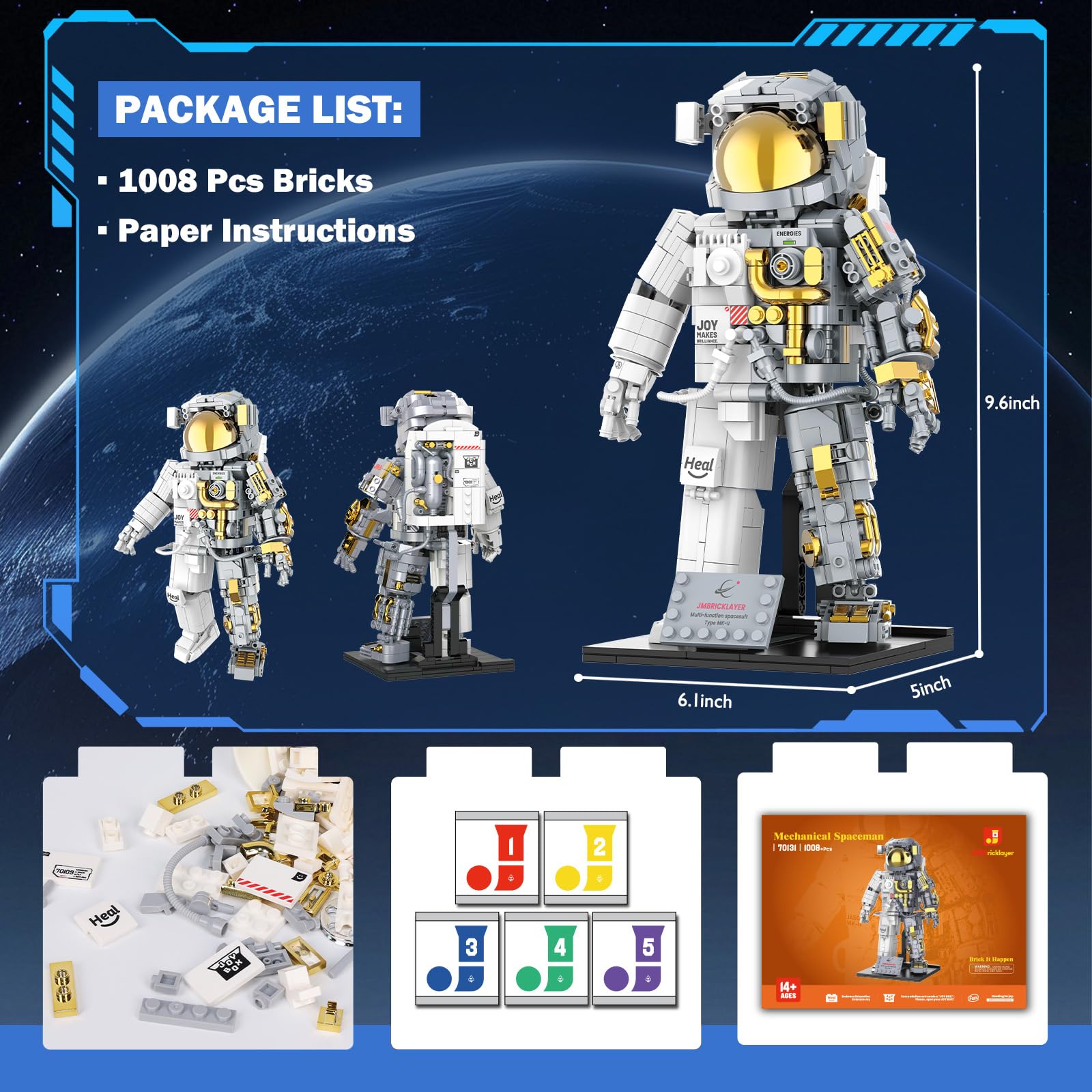 JMBricklayer Weltraum-Astronauten-Bausätze für Erwachsene 70131 - Flexibles Astronauten-Bausteinmodell mit Ausstellungsständer, Kinderzimmer-Deko, Kreatives Geschenk für Jungs und Mädchen ab 10 Jahren