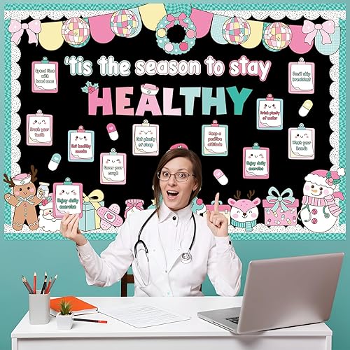 Miniatura 5 de Funrous Juego de decoración de tablón de anuncios de Navidad, decoración de aula de salud, escuela, enfermera, tablón de anuncios de invierno,