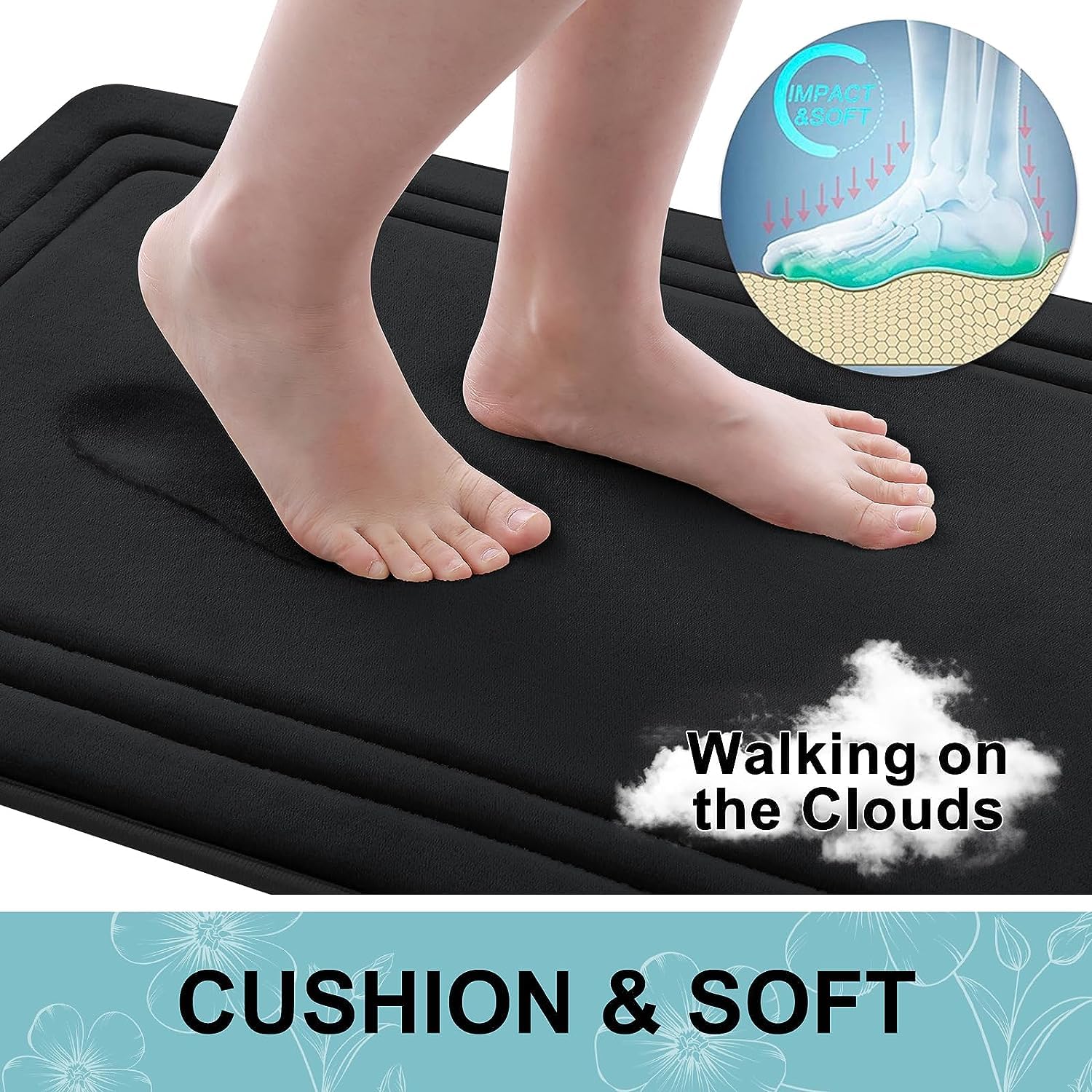 smiry Memory Foam Bath Mat - 40 x 60cm, Non-Slip, Super Absorbent, Comfortable - Machine-Washable Floor Rug, Black - Image 3