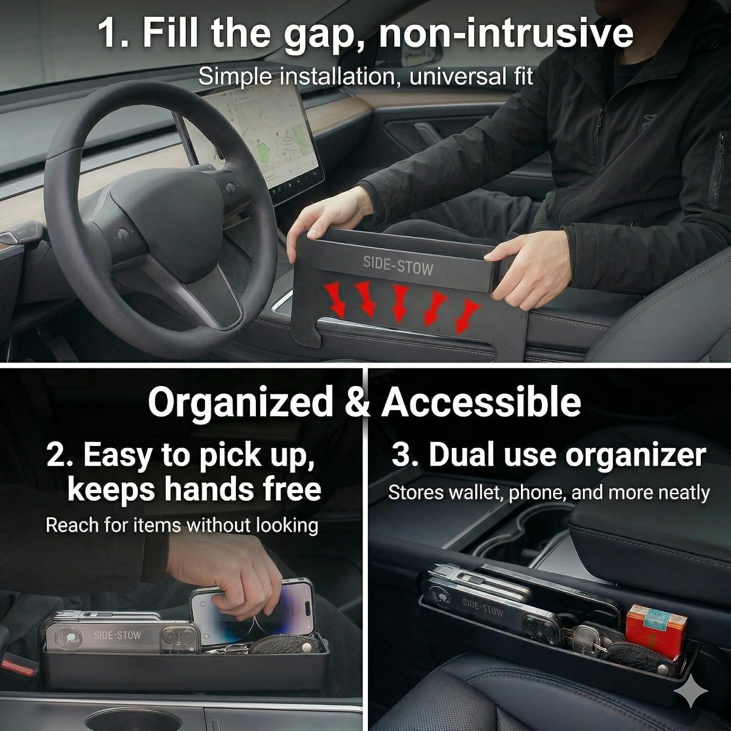 Car Seat Gap Organizer with Steering Wheel Tray, 2-in-1 Anti-Drop Storage Filler for Sedans, Compact Car Tray for Food, Laptop, Coffee and Daily Essentials
