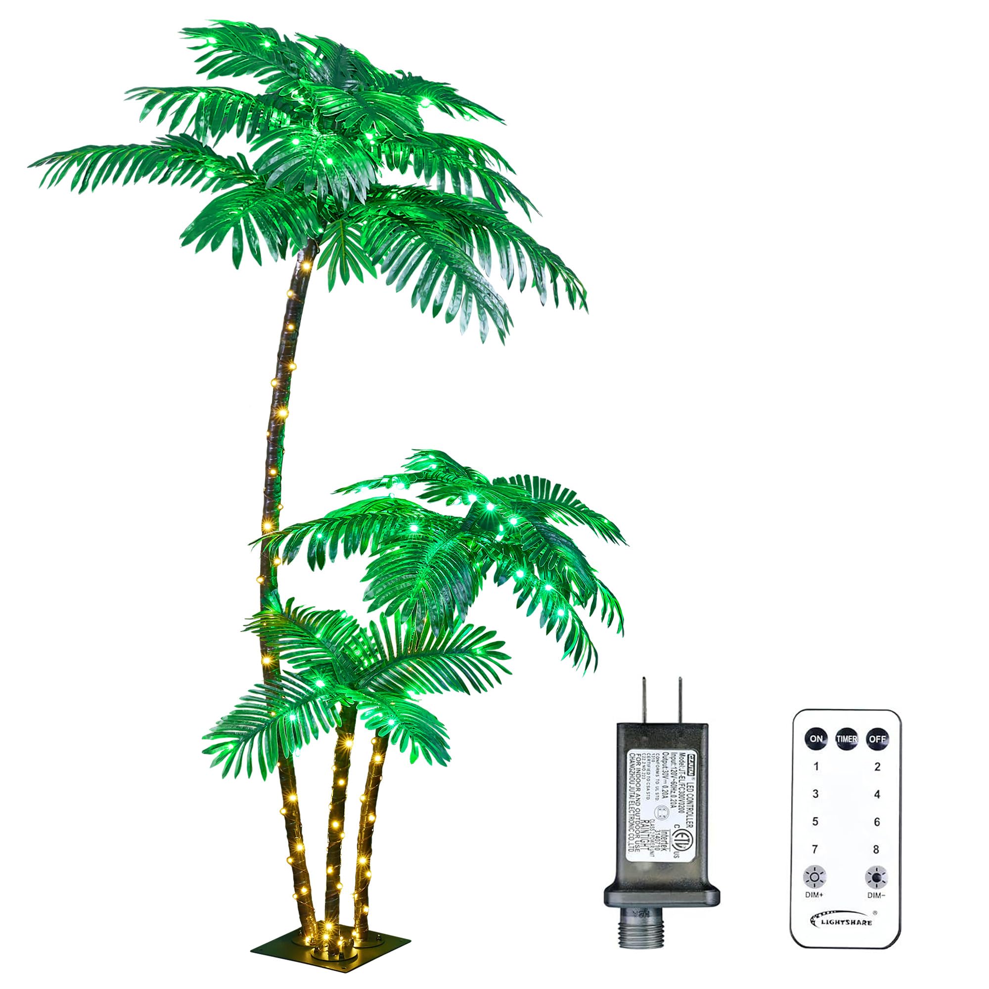 LIGHTSHARE Lighted 6FT Gorgeous Palm Tree 3Trunks Artificial Palm Tree 203LED Lights for Office Decoration Outdoor and Indoors Tiki Bar Christmas Patio Pool- Electric