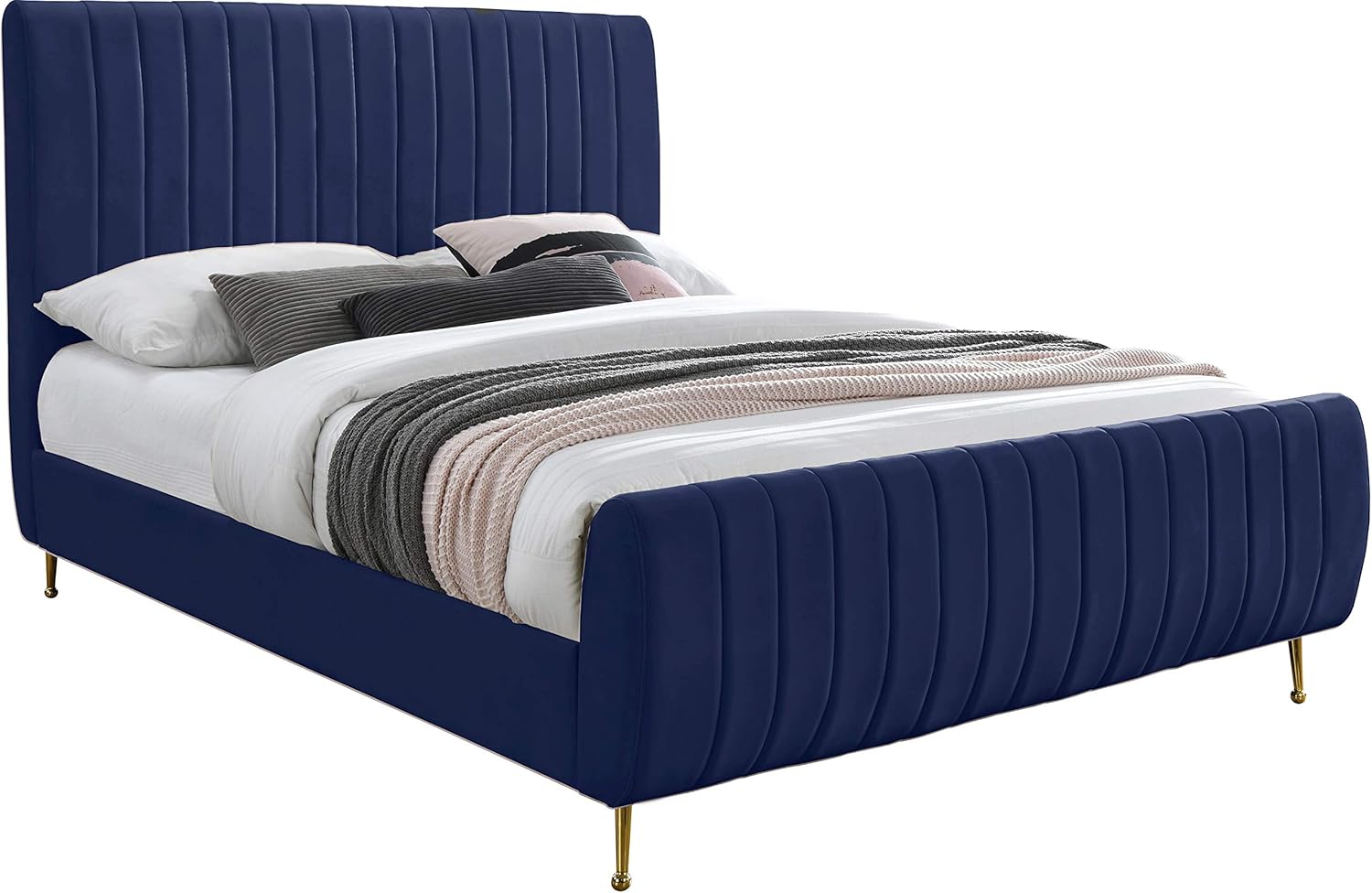 Meridian Furniture Zara Collection Modern | Contemporary Velvet Upholstered Bed with Deep Channel Tufting and Custom Gold Legs, Queen, Navy Meridian Furniture Zara Collection Modern | Contemporary Velvet Upholstered Bed with Deep Channel Tufting and Custom Gold Legs, Queen, Navy