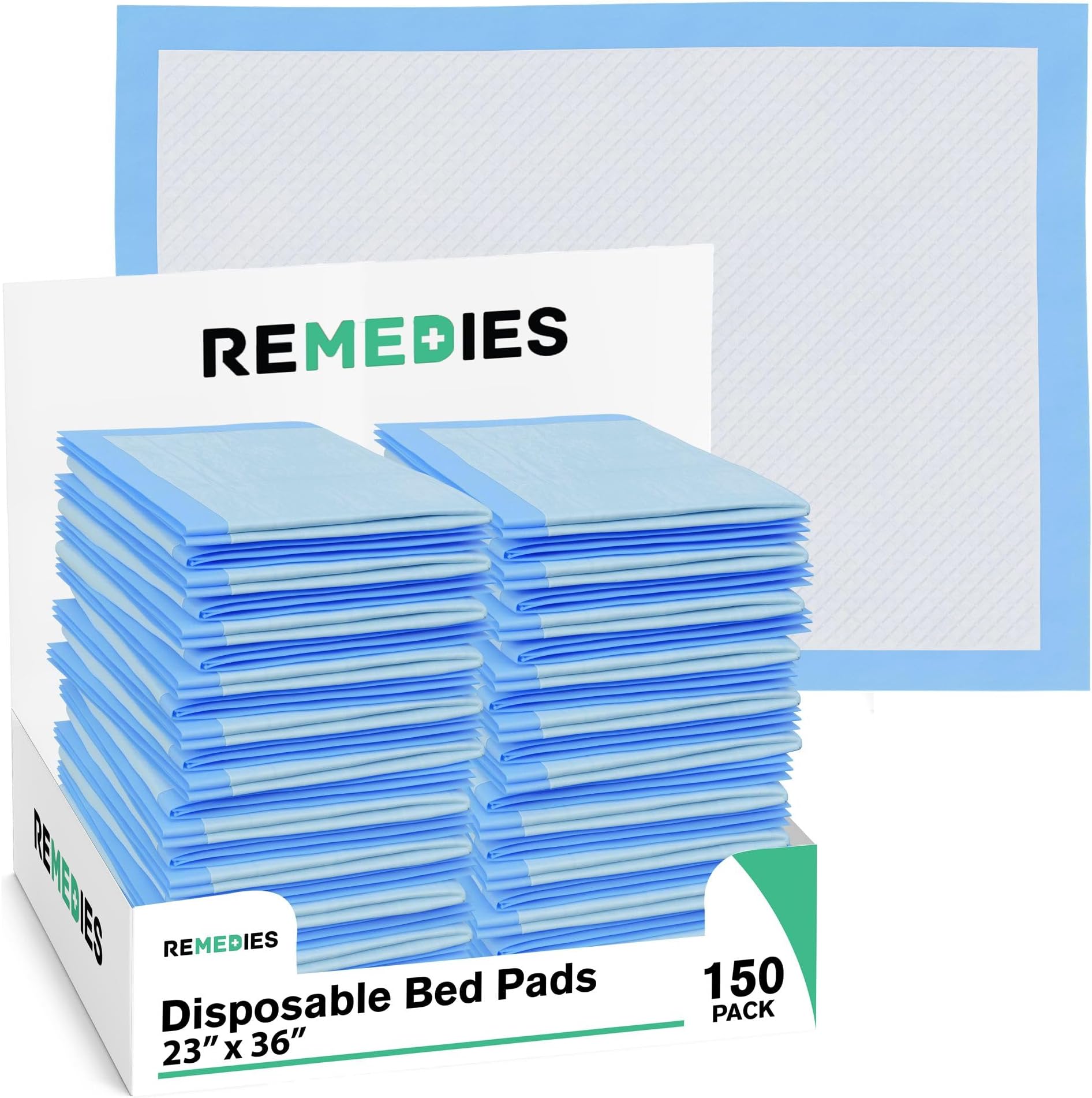 Remedies Disposable Bed Pads – 23" x 36", Large Incontinence Underpads for Adults, Seniors, Kids & Pets – 150 Count, Absorbent Chux Pads for Beds, Furniture & Dog Training
