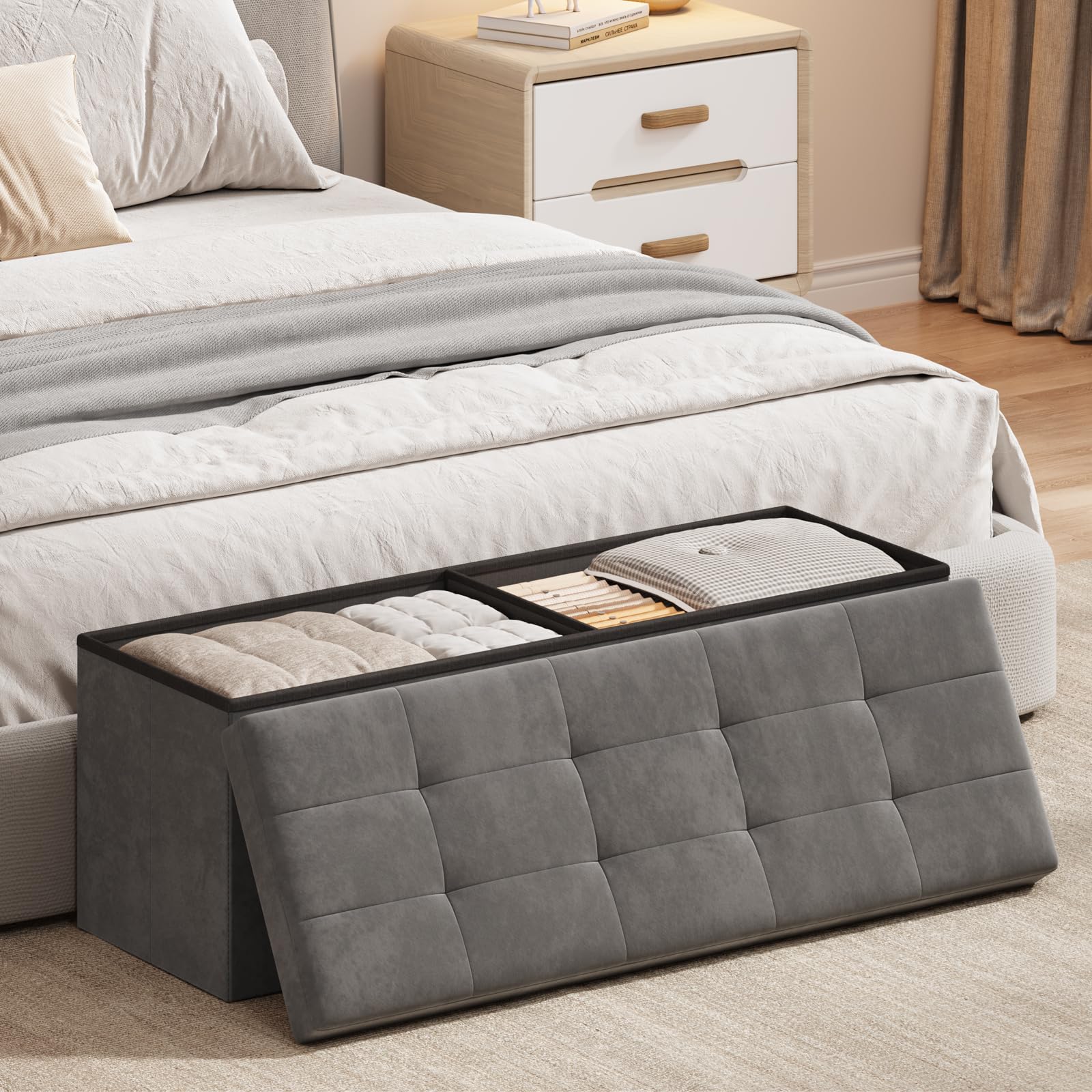 Dripex Storage Ottoman, Foldable Footstool with Storage 110W x 38D x 38H cm
