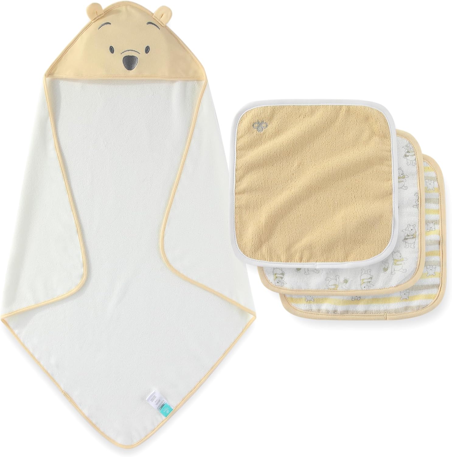 Disney Baby Winnie The Pooh Unisex Hooded Baby-Bath Towel with 3 Washcloths Set for Newborn and Infants