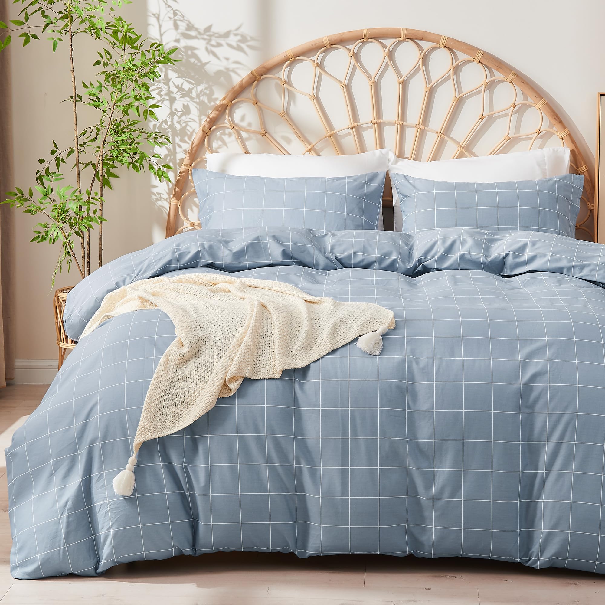 JELLYMONI 100% Natural Cotton 3pcs Plaid Duvet Cover Sets, Checkered Full Comforter Cover, 1 Duvet Cover and 2 Pillow Cases with Zipper Closure &