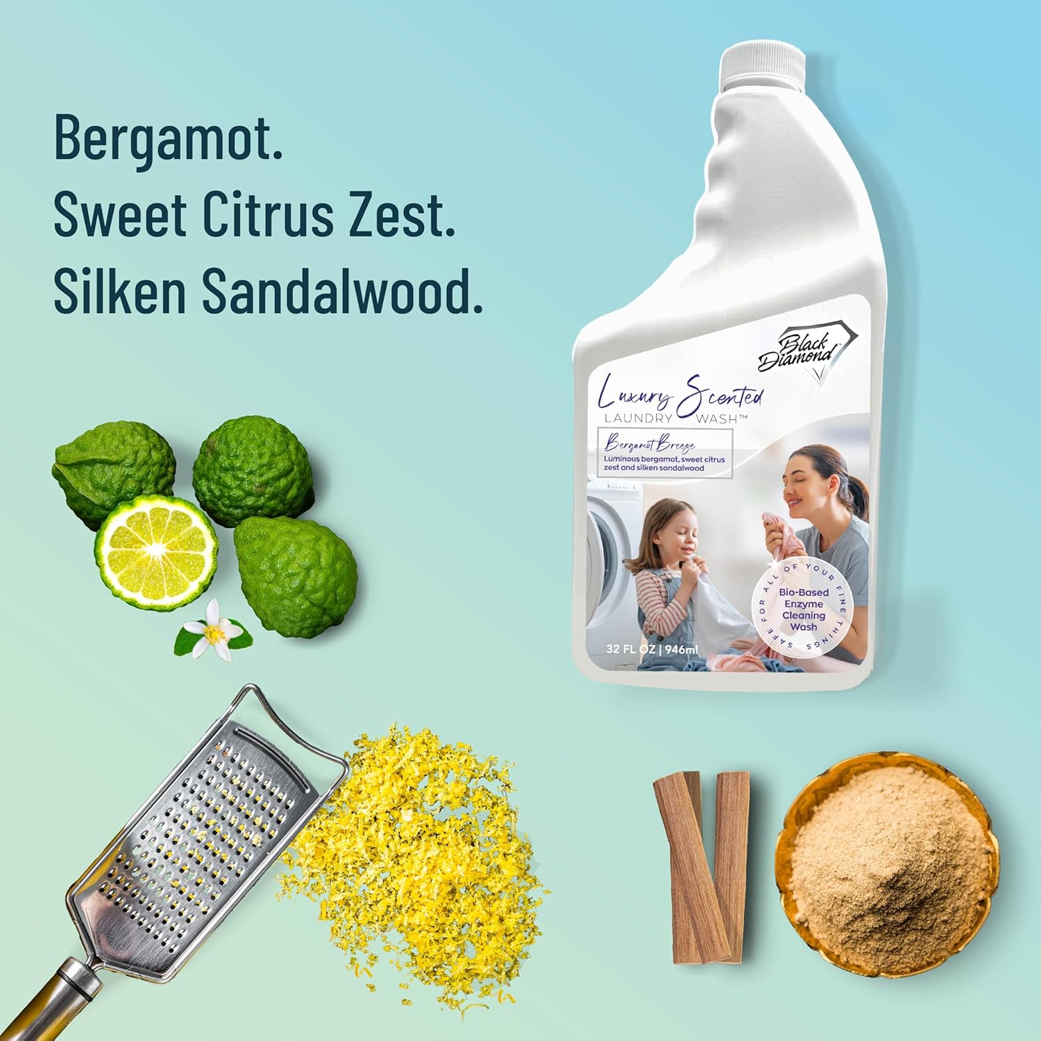 Black Diamond Stoneworks Bergamot Breeze Luxury Scented Laundry Wash, Premium Quality Detergent, Superior Cleaning Performance, Long-Lasting Fragrance, 1-Quart.