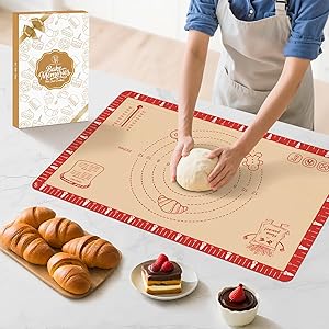 Extra Thick Silicone Baking Mat with Recipes - 26x16 inch Non Stick Pastry Mat with Measurements for Sourdough, Macarons, Bread, Pizza, Dough Rolling, Kneading, Heat Resistant to 480°F Gift for Baker