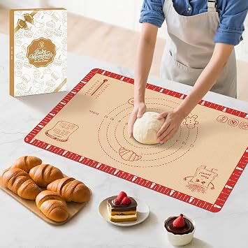 Extra Thick Silicone Baking Mat with Recipes - 26x16 inch Non Stick Pastry Mat with Measurements for Sourdough, Macarons, Bread, Pizza, Dough Rolling, Kneading, Heat Resistant to 480F Gift for Baker