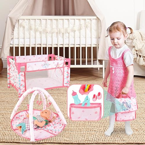 Miniatura 3 de deAO Muñeca de bebé, cochecito de cuna, cama de guardería, juego de rol, accesorios para muñecas y tapete de juego, cuna de viaje, cochecito