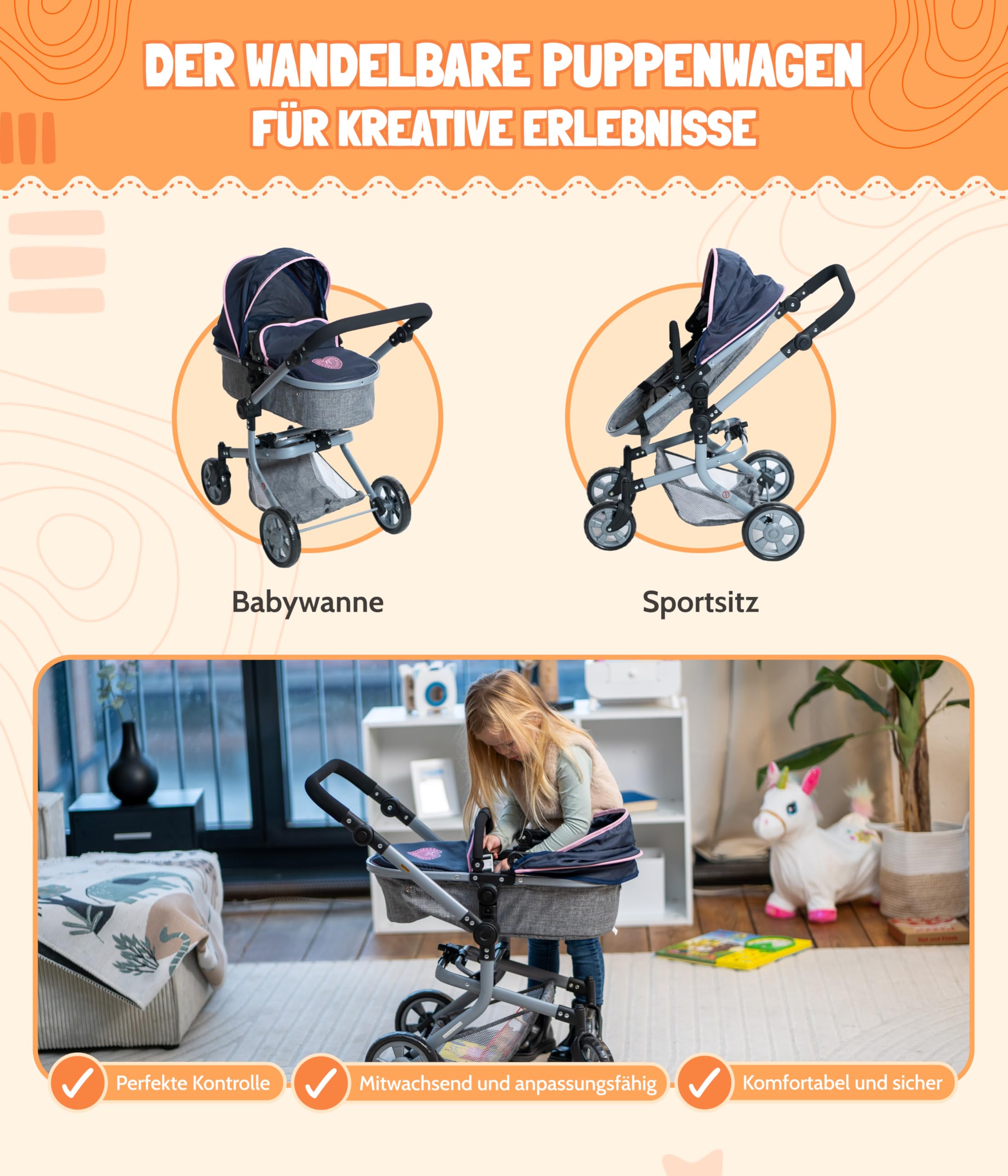 Bayer Chic 2000 - Passeggino per bambole Mika, passeggino combinato 2 in 1 per bambini dai 4 agli 8 anni, passeggino per bambole fino a 52 cm, orsetto, rosa, 73 x 41 x 82 cm