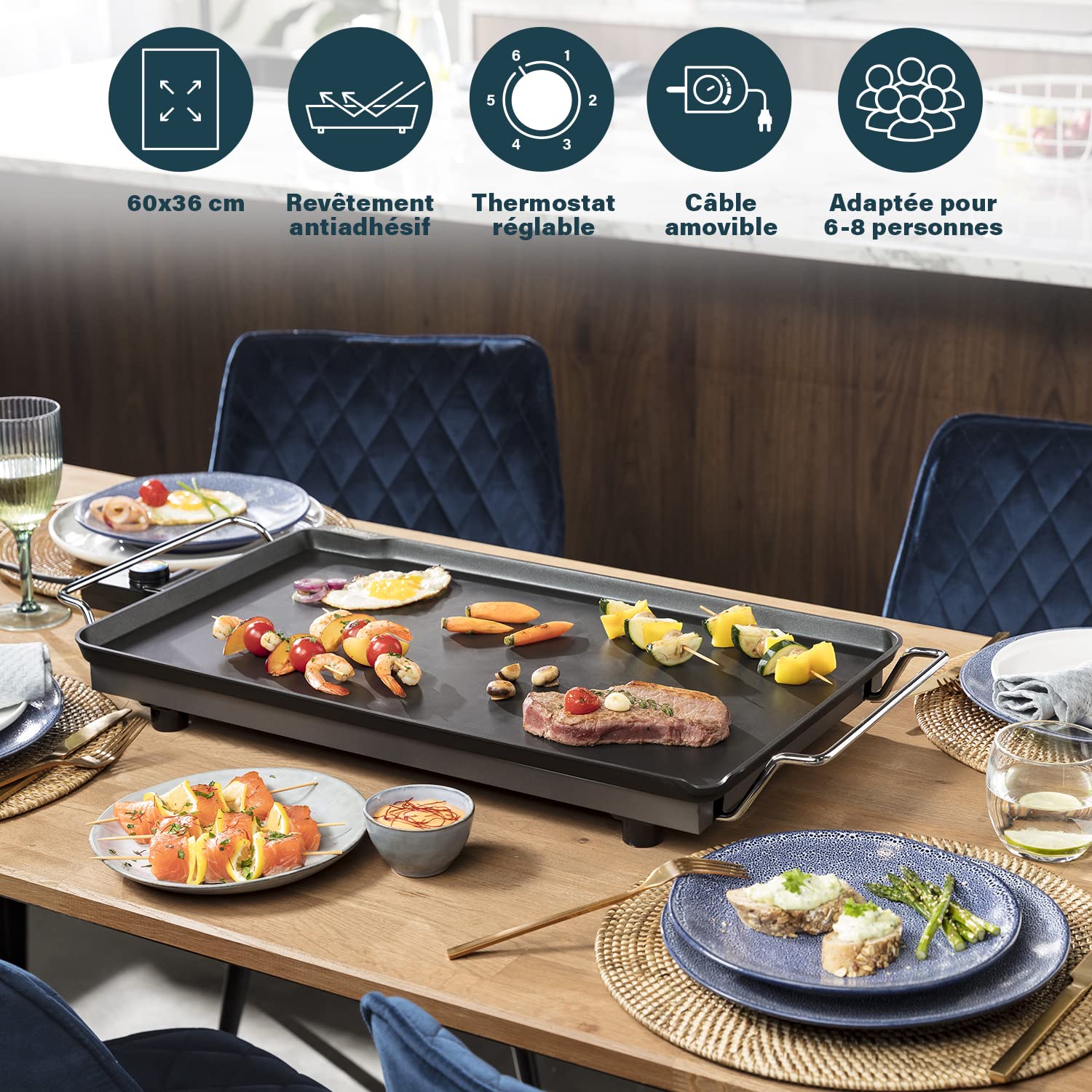 Princess Grill de Table XXL 60 x 36 cm, 2500 W – Surface de cuisson extra large antiadhésive, chauffe rapide, plaque électrique facile à nettoyer, idéale pour repas en famille et fêtes