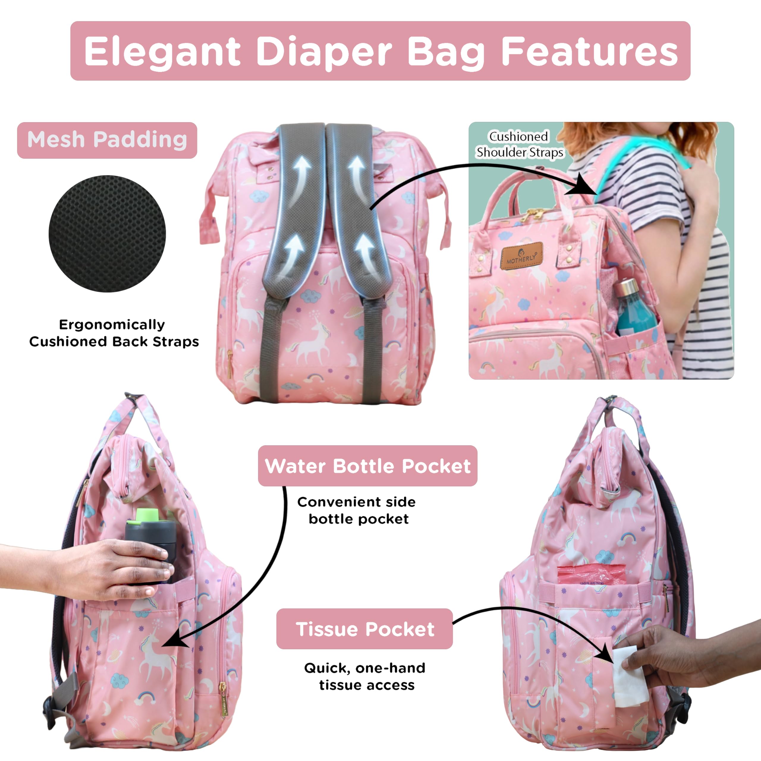 Motherly Patented Diaper Bag Backpack for Moms | Waterproof Baby Travel & Maternity Bag | Spacious Nappy Bag with Insulated Bottle Pockets & Warranty (Elegant Series, Unicorn Pink) 4