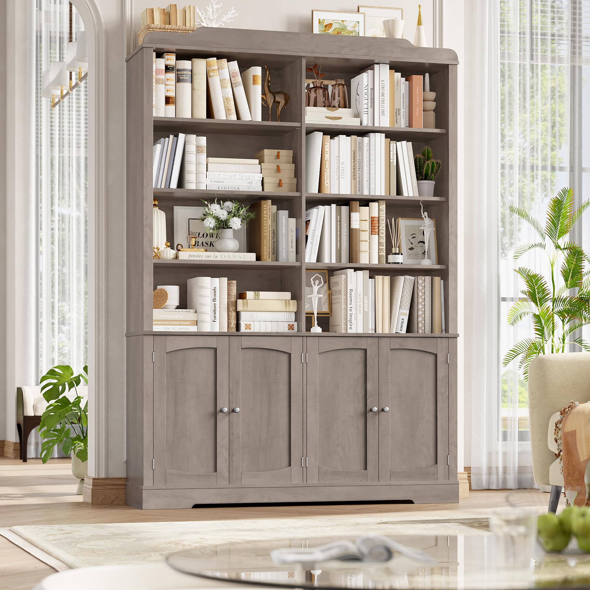 73.1" Tall Bookcase and Bookshelf, Wide Bookshelf with Doors and Adjustable Shelves, 6 Tier Large Bookshelfs with Storage, Tall Storage Cabinet for Living Room, Home Office, Wash Gray