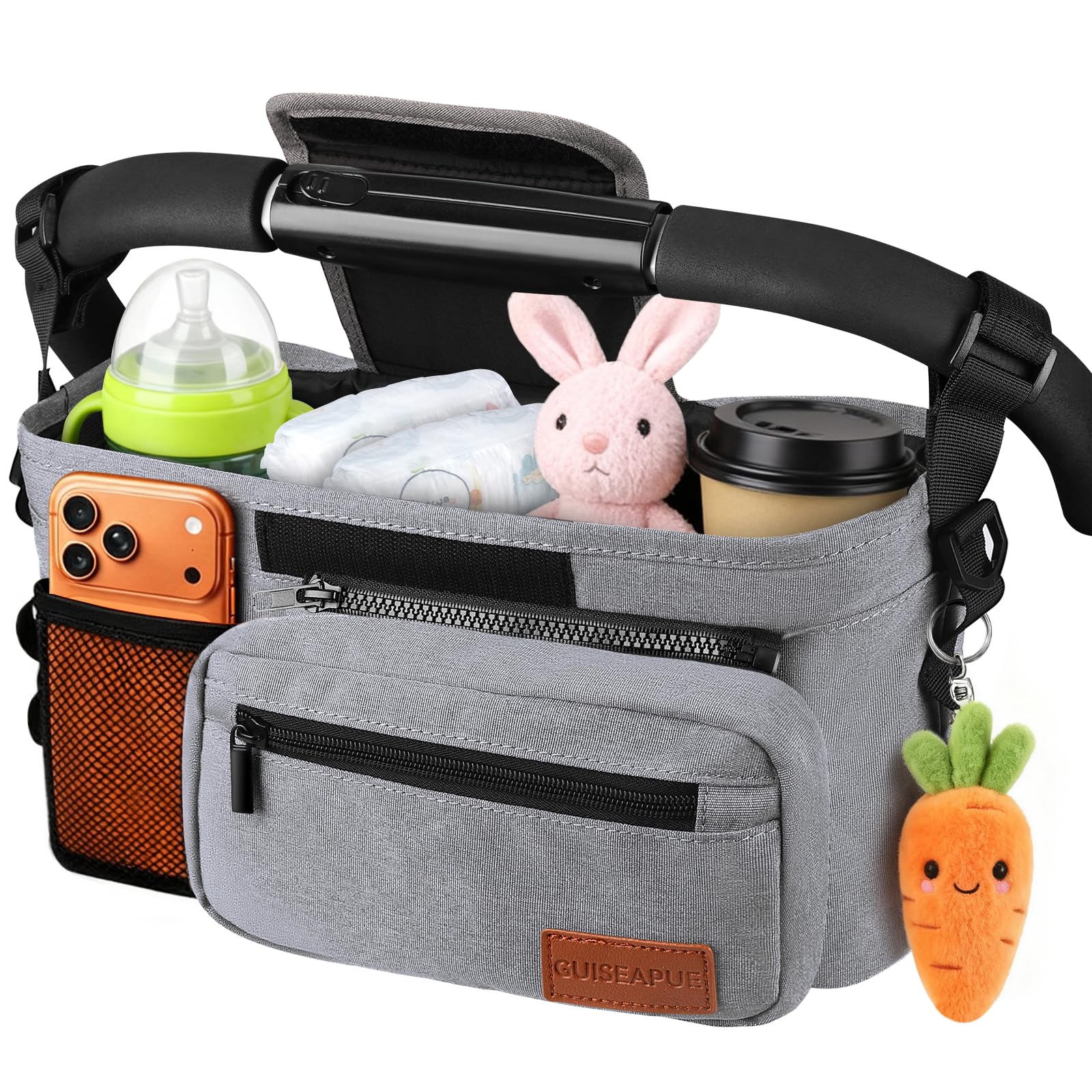 Guiseapue Pram Organiser Bag with Cup Holder: Universal Pram Cup Holder with Non Slip Strap, Large Capacity Stroller Bag, Pushchair Pram Accessories for Baby Buggy Doona, Nuna, Jogger, Bugaboo