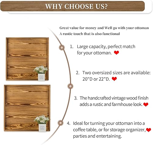 Miniatura 7 de Hanobe Bandeja otomana cuadrada grande bandeja extra grande para servir con asas, bandejas decorativas de madera rústica, mesa auxiliar, decoración