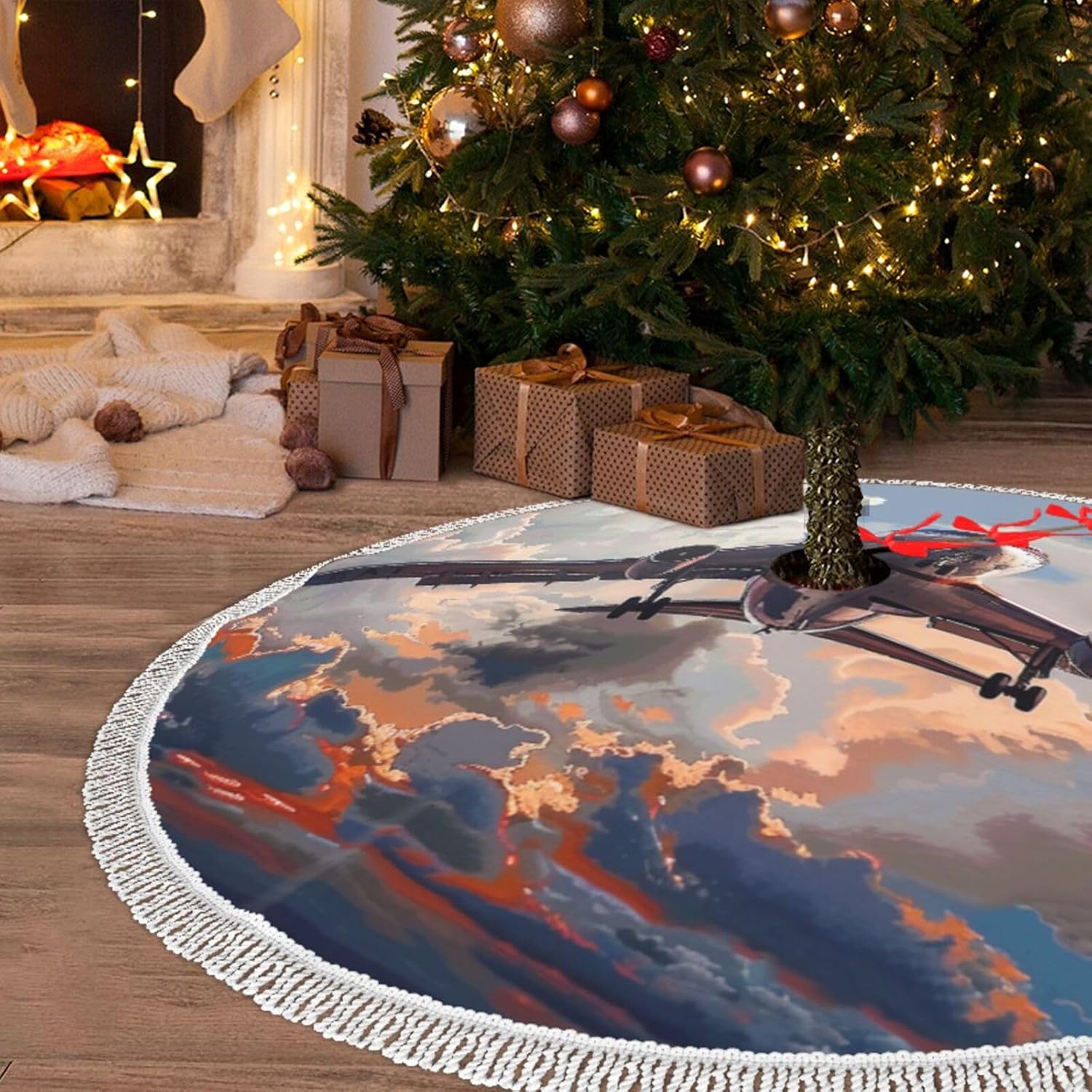飛行機アートプリントクリスマスツリースカート 48インチ タッセル付きクリスマスツリースカート クリスマスホリデーパーティー用
