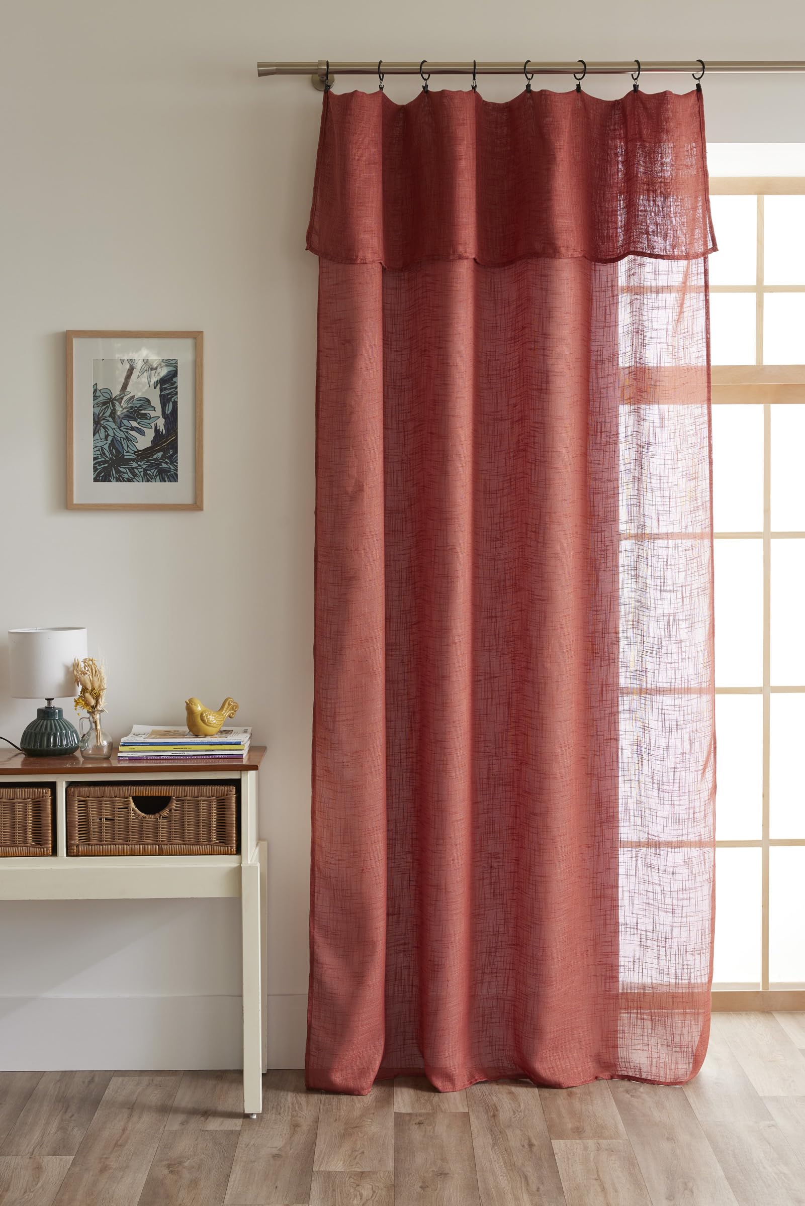 Lot de 2 voilages Ajustables + 8 Anneaux Pince 140 x 270 cm Polyester Effet Lin Nia Le Fil d'Ariane (Terracotta)