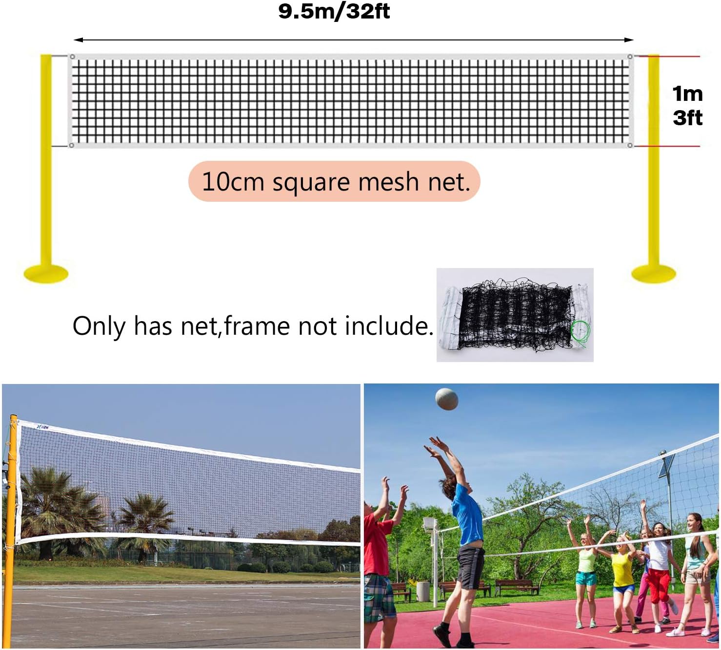 PlasMaller Volleyball Net (32 x 3 FT) Professional Sports Competition Replacement Nets for Backyard Schoolyard Garden Beach Swimming Pool (Net Only) : Sports & Outdoors