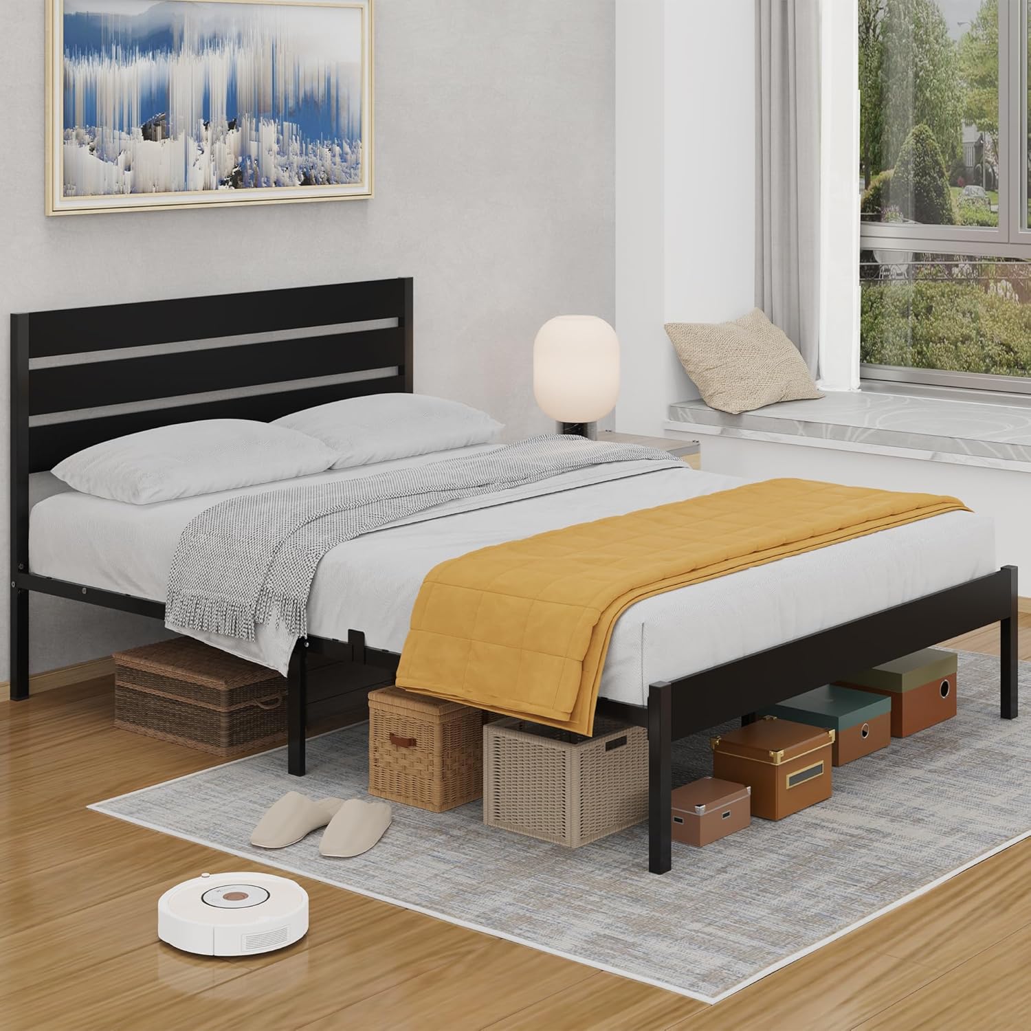 Close-up image of the bed frame's headboard, highlighting the classic wood rustic brown finish and thick metal frame construction.