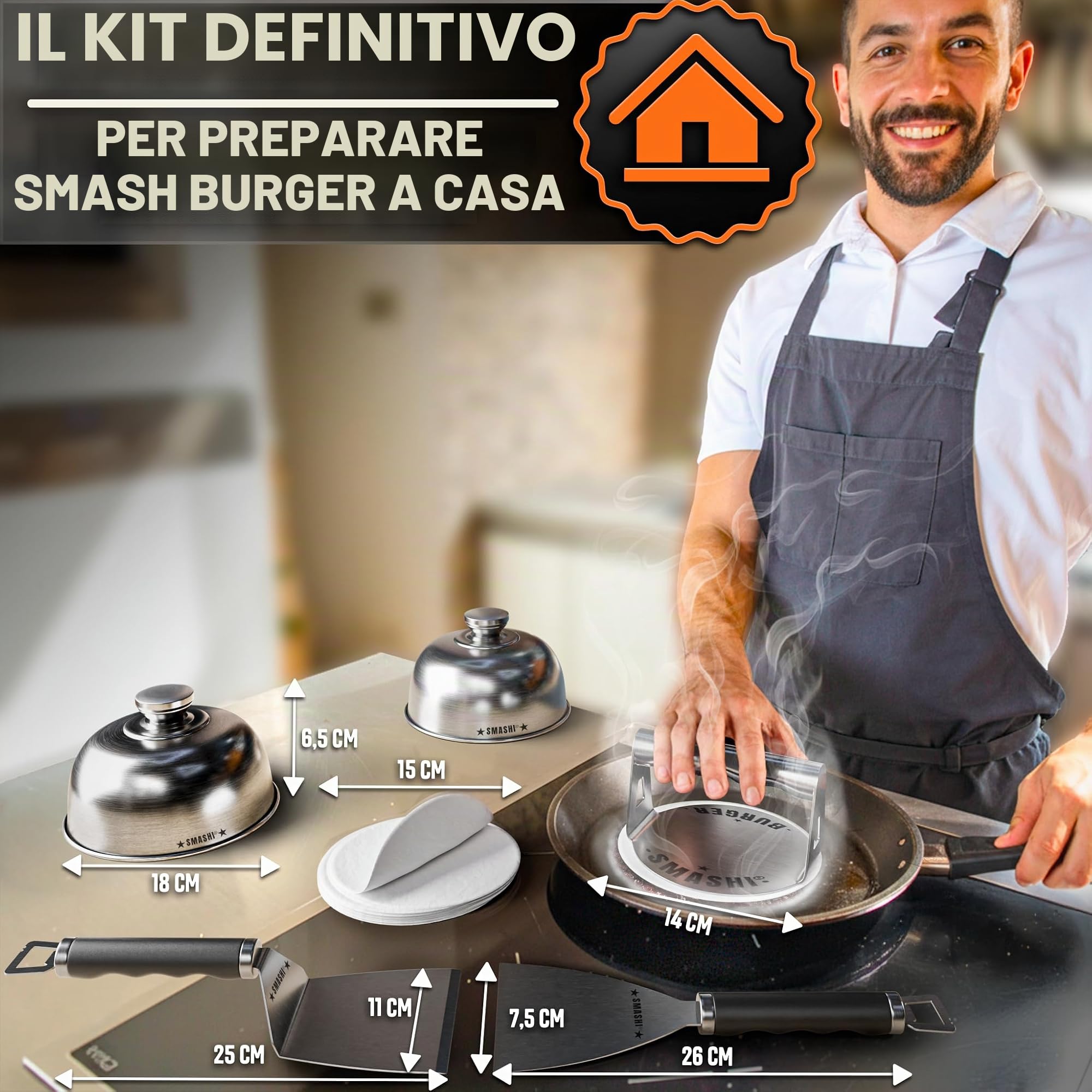 SMASHI® Kit Smash Burger Professionale con Manico Apribottiglie | Acciaio Inox 304 Certificato UE | Pressa Hamburger Antiaderente | Kit Smash Burger Completo (Professionell)